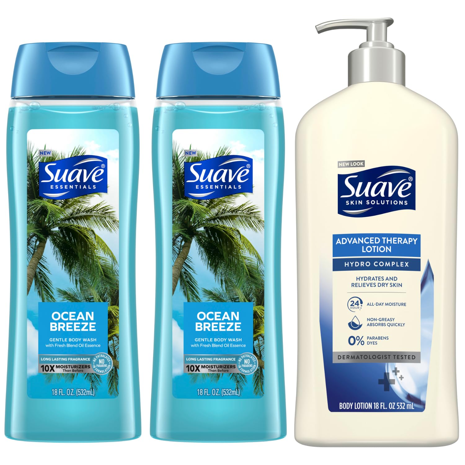 Suave Ocean Breeze Body Wash & Advanced Therapy Lotion Bundle - 2 Pack with Vitamin E & Hydro Complex, 18 Oz Each - Hydrating Shower & Moisturizing Skincare for Daily Use