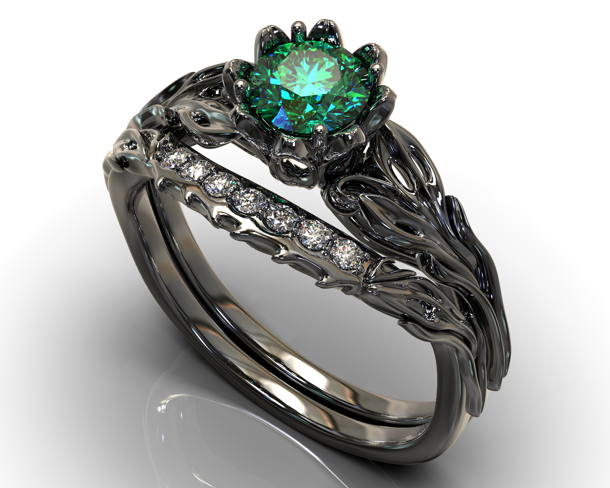 Black Gold Emerald Flower Wedding Ring Set – Elegant Bridal Jewelry for Engagement & Ceremony – Perfect for Weddings, Anniversaries & Special Occasions