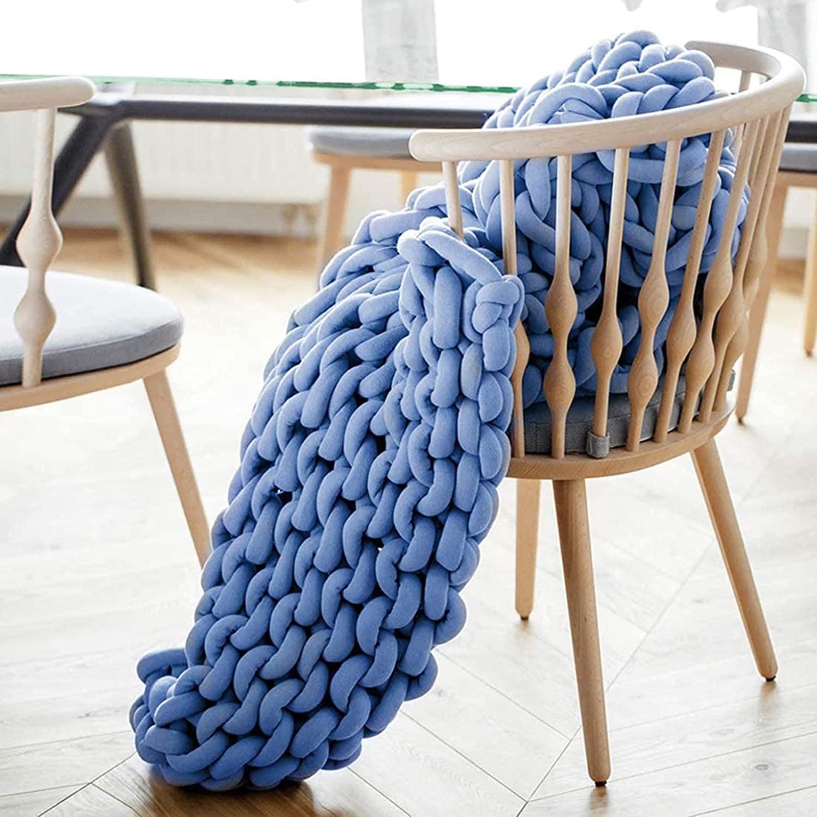 Chunky Knit Blanket - Soft Coarse Knitted Wool Throw for Sofa, Bed, Yoga & Home Decor - 100x100cm Blue - Perfect for Cozy Nights, Gifts & Boho Style Living Room