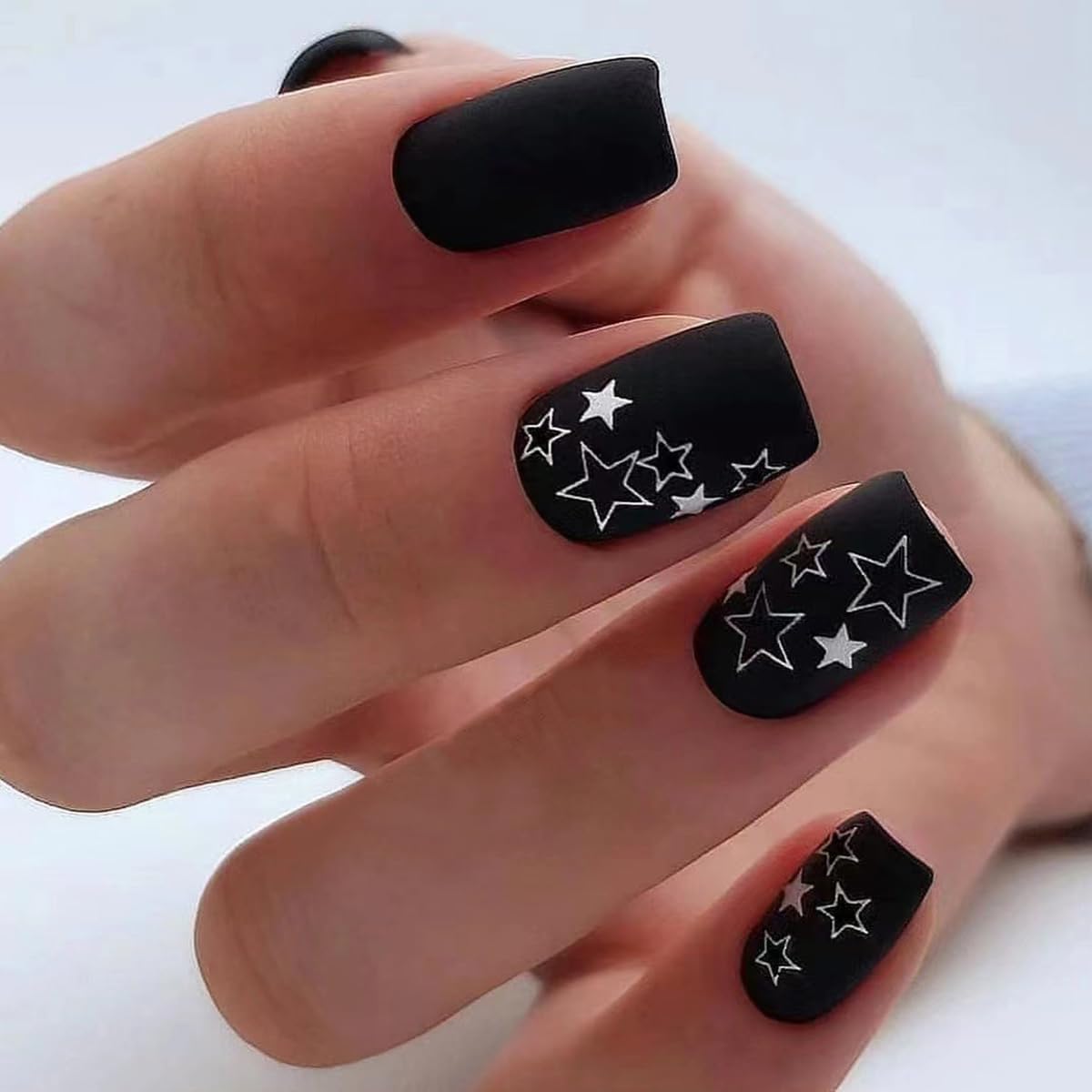 Black Matte Star Press on Nails - Medium Coffin Fake Nails with Glue & Shiny Stars | Luxury Glossy False Nails for Women & Girls | Natural Acrylic Nails for Parties, Weddings & Daily Nail Decoration