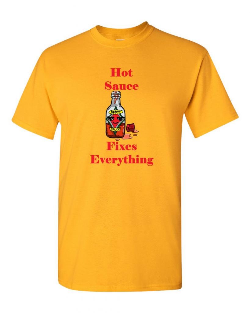 Hot Sauce Fixes Everything Funny Adult T-Shirt - Cool Graphic Tee for Spicy Food Lovers & Hot Sauce Enthusiasts - Perfect for Casual Wear, Gifts & BBQ Parties