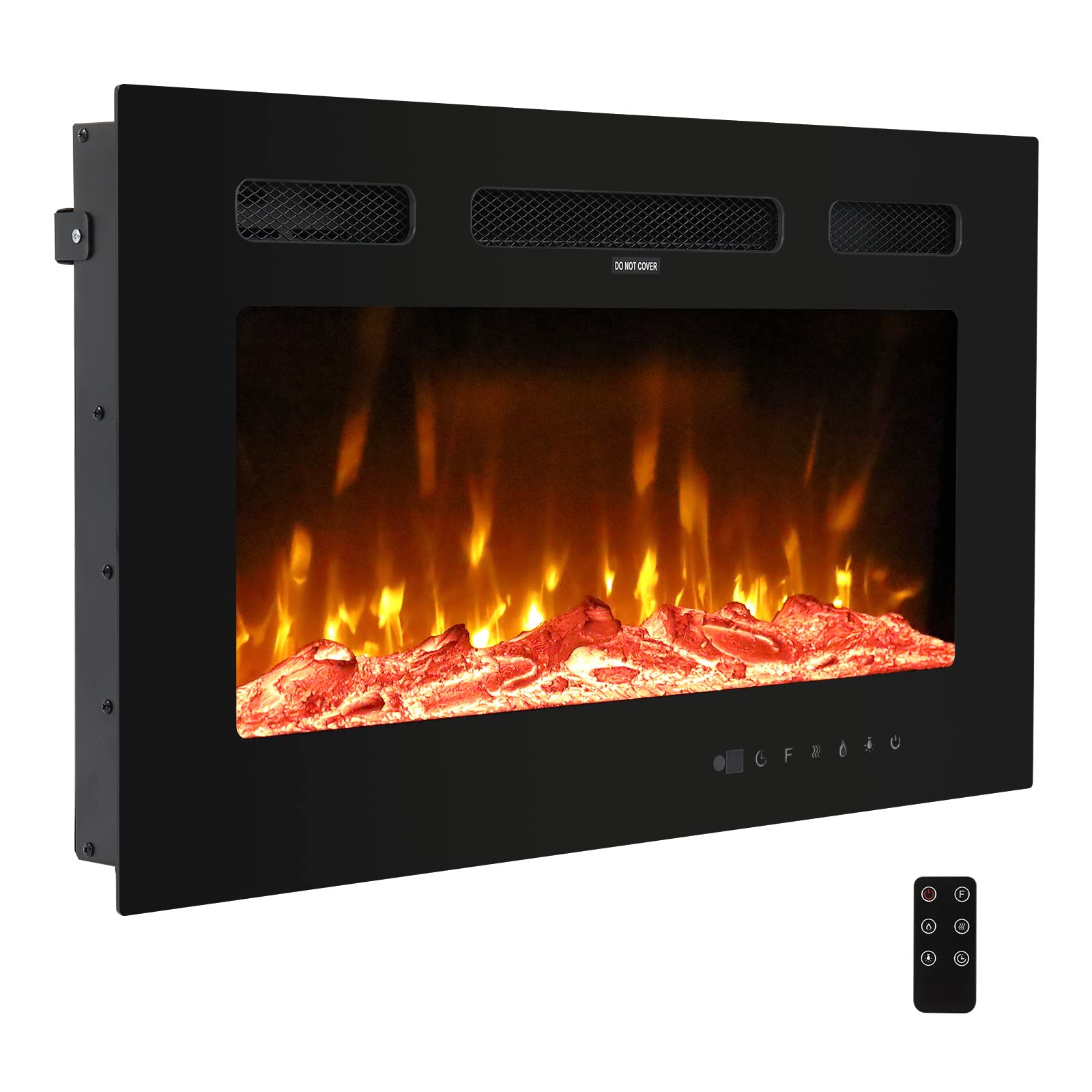 Black Sheet Metal Fireplace with Embedded Glass - Wall Mounted, 120V 1500W, Adjustable Temperature & Timer, LED Display, Fake Firewood & Crystal Stones, 12-Color Flame Effect with Remote Control (30 Inch) - Perfect for Living Room, Bedroom, or Office Decoration & Warmth