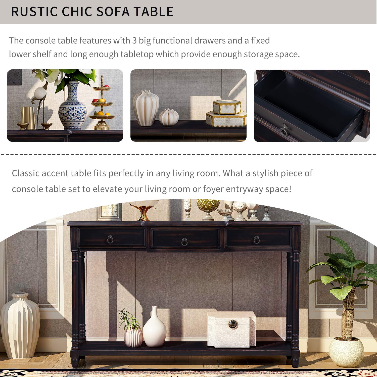 Merax Classic Entryway Console Table with Storage Drawers & Bottom Shelf - Espresso Finish for Hallway, Living Room & Foyer Organization