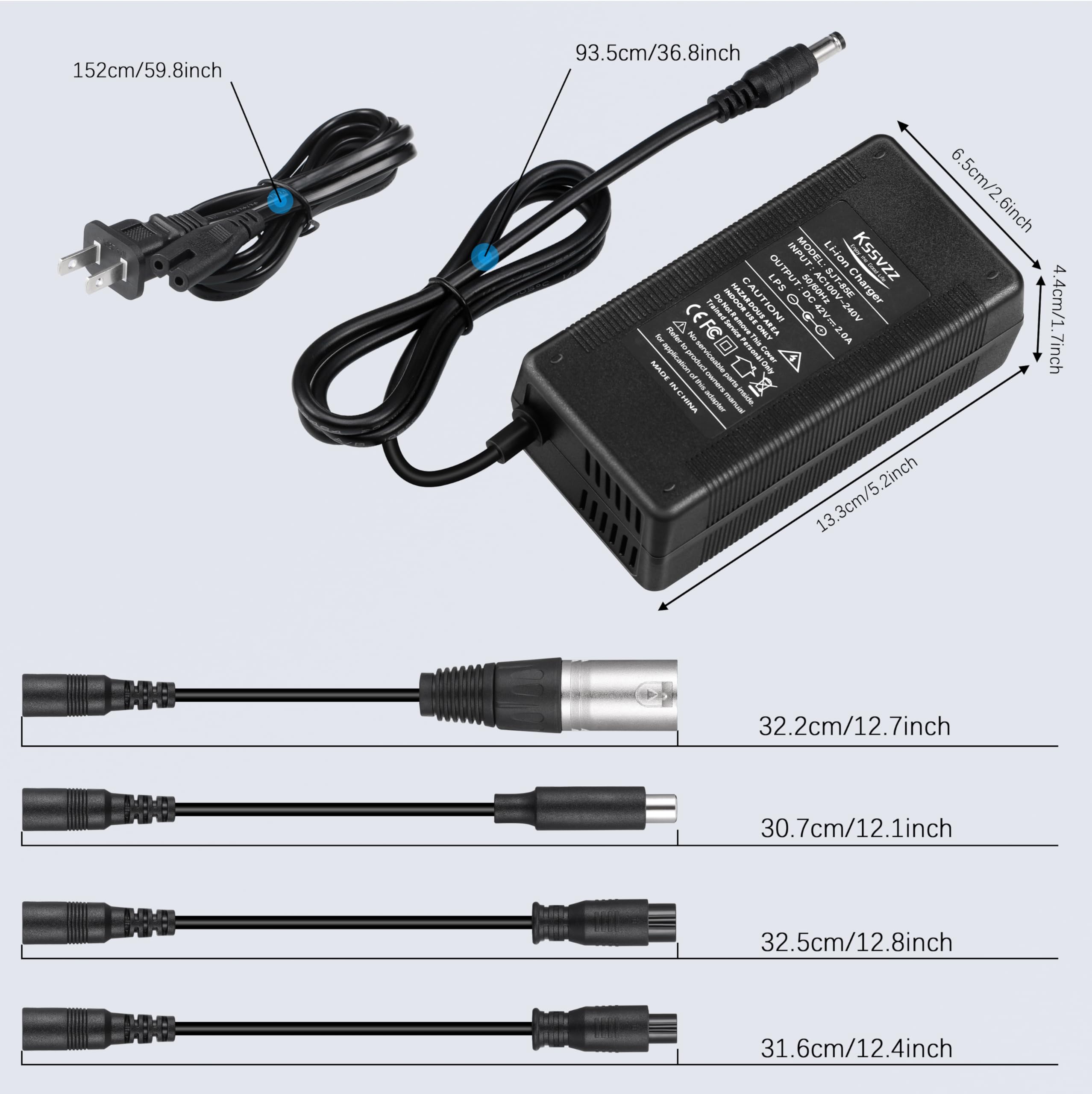 42V 2A Fast Battery Charger with Cooling System - Universal Replacement Charger for 36V Lithium Battery (5 Plugs Included) - Compatible with Jetson, Gotrax, Razor, Ninebot, Segway, Swagtron, Hiboy Electric Scooters & Bikes - Perfect for Home, Office & Outdoor Charging