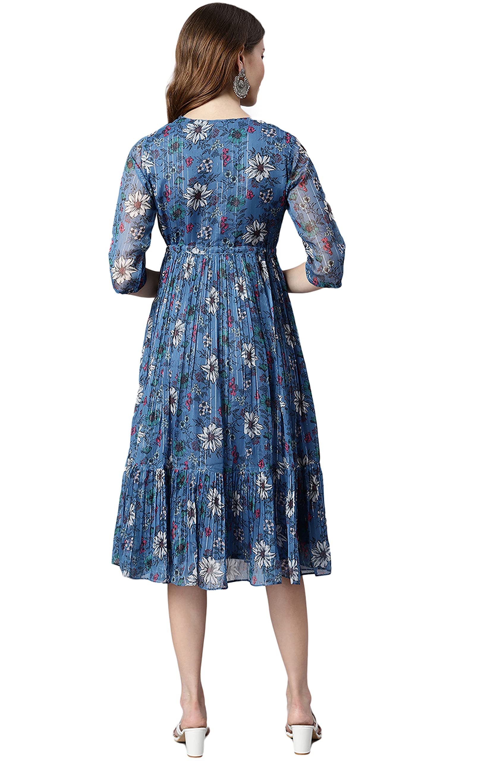 Janasya Indian Women's Blue Floral Printed Western Dress - Elegant Party Wear for Festivals, Weddings & Special Occasions