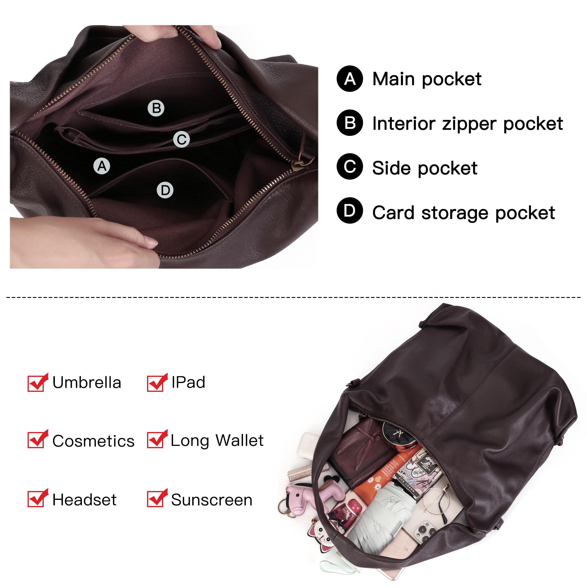 Genuine Leather Hobo Crossbody Bag for Women - Large Shoulder Purse in Coffee Brown - Perfect for Work, Travel & Everyday Use
