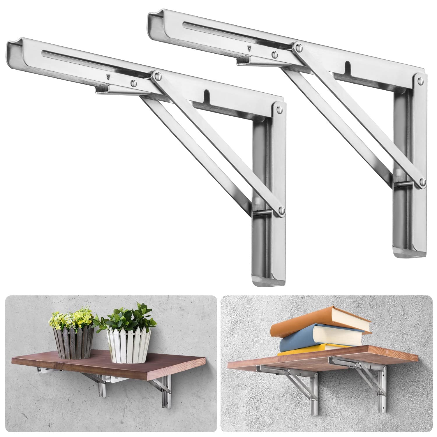 PYNSSEU 18 Inch Heavy Duty Stainless Steel Folding Shelf Brackets - 2 Pack Wall Mounted Collapsible Brackets for DIY Tables, Workbenches & Shelves | Space Saving Solution for Kitchen, Garage, Laundry Room & Home Office Organization