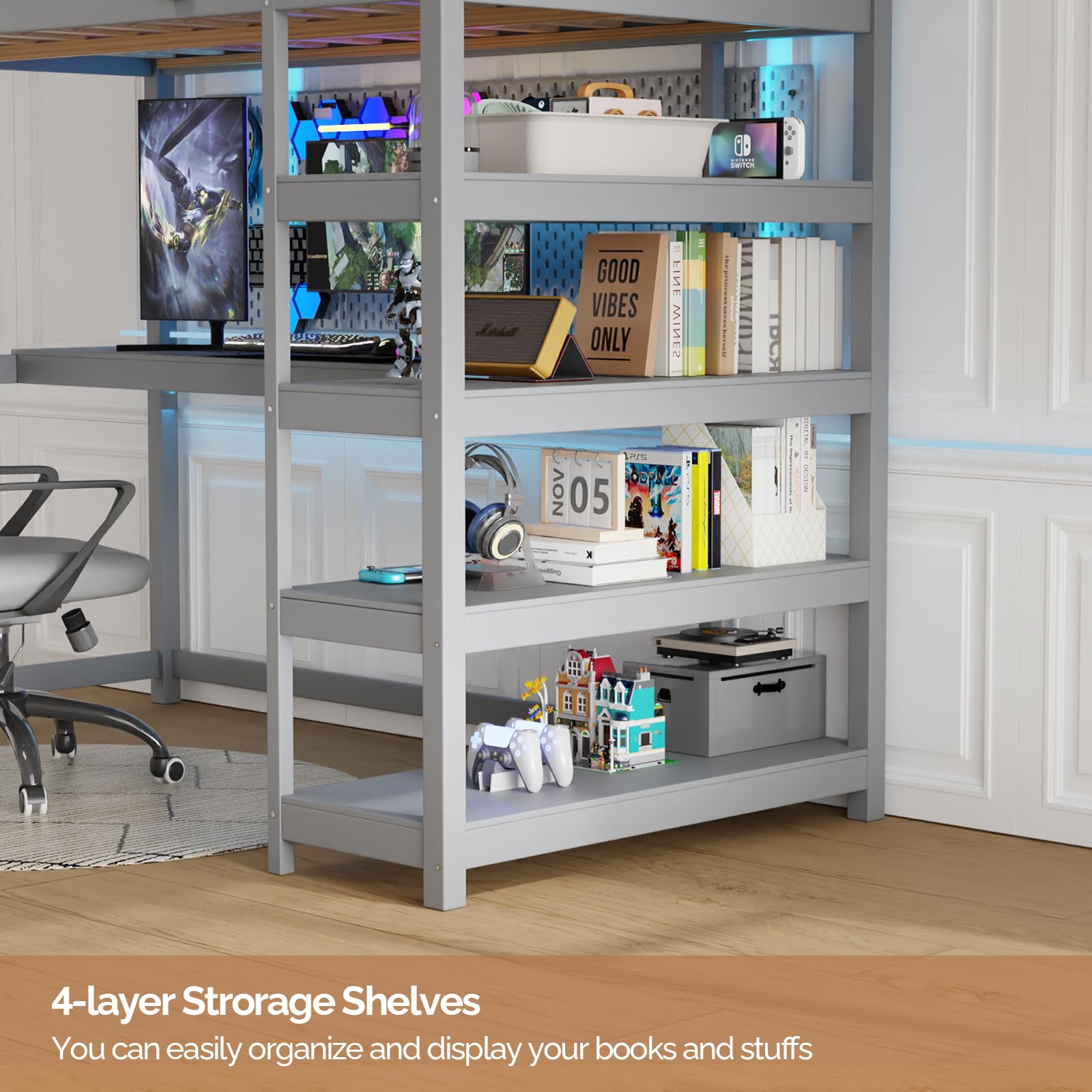 JOYMOR Twin Size Bunk Bed with Built-in Desk & 4-Layer Shelves - Space-Saving Loft Bed with Under Desk Storage & Bookcase - Sturdy Bed Frame for Kids, Teens & Adults - Perfect for Small Bedrooms, Dorms & Studio Apartments