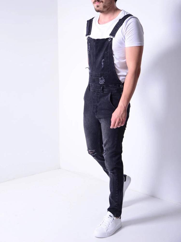 Huixin Men's Denim Overalls - Ripped Bib Jeans Slim Fitted Jumpsuit with Pockets (Black) | Casual Workwear & Street Style Outfit