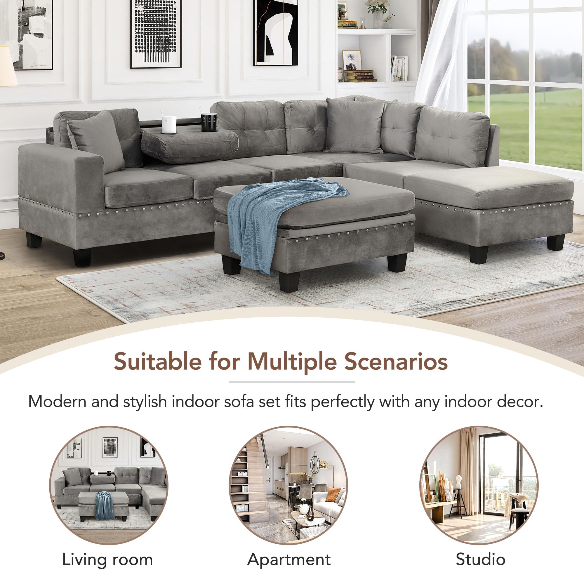 P PURLOVE Modern L-Shaped Sectional Sofa with Reversible Chaise & Ottoman - Gray Polyester Fabric Living Room Couch with 2 Throw Pillows & Cup Holders - Perfect for Small Spaces, Apartments and Family Movie Nights