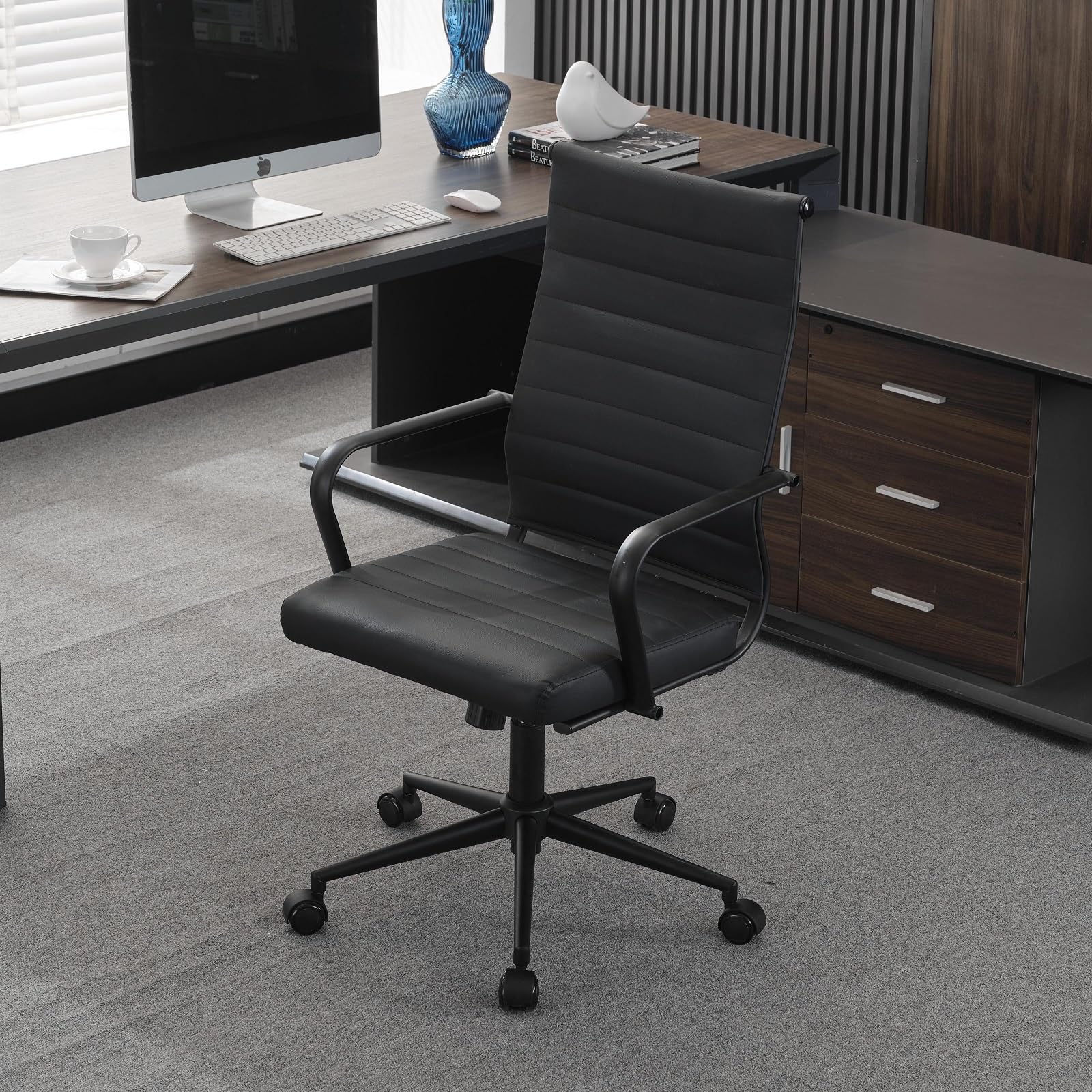 Ergonomic Office Desk Chair with Wheels - High Back Executive Swivel Rolling Chair, PU Leather Modern Ribbed Design for Home & Office Conference - Perfect for Long Work Hours, Video Calls, and Professional Workspaces