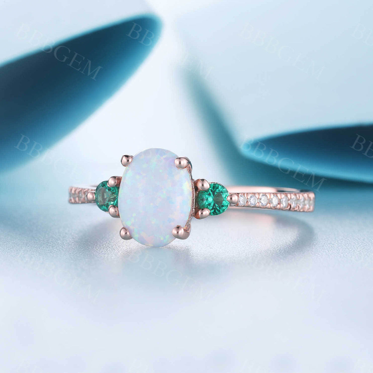 14K Rose Gold Opal Cluster Engagement Ring for Women - Emerald & Diamond Accent Statement Ring | Perfect for Proposals, Anniversaries & Special Occasions