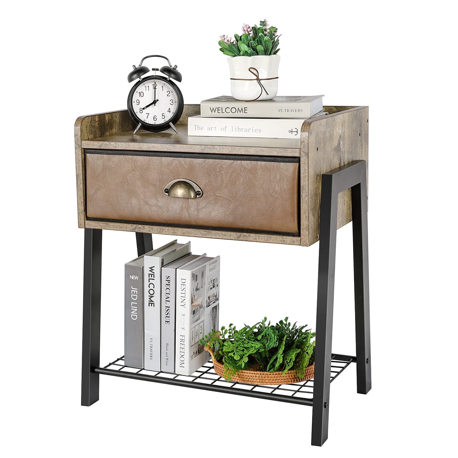 Rustic Nightstand with Drawer - Modern Tall Brown Bedside Table for Bedroom - Mid Century Night Stand with Sturdy Metal Wood Frame (24 Inch Height) - Perfect for Small Spaces, Apartment Living & Guest Rooms