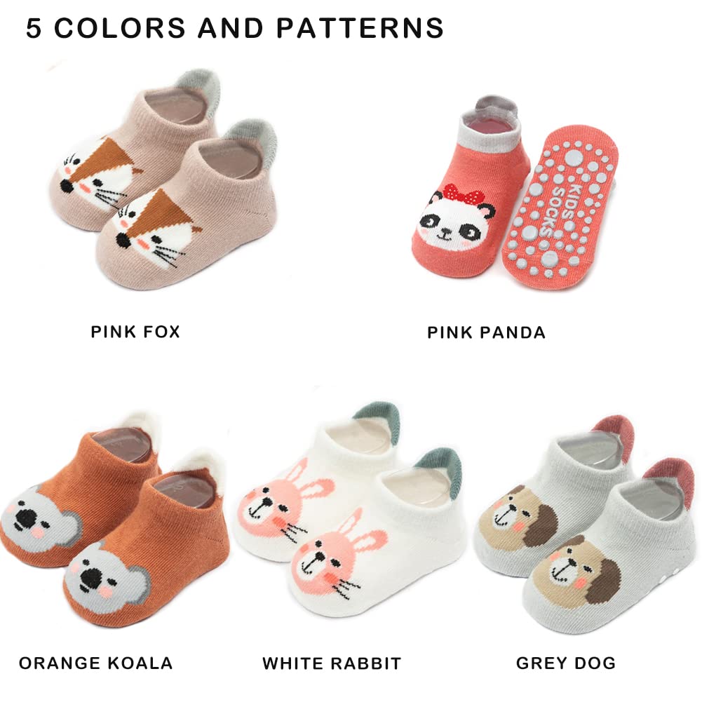 Exemaba Baby Non-Slip Grips Ankle Socks - 5 Pairs Toddler Cartoon Anti-Skid Socks for Boys & Girls - Soft Cotton Socks for Crawling, Walking & Playtime