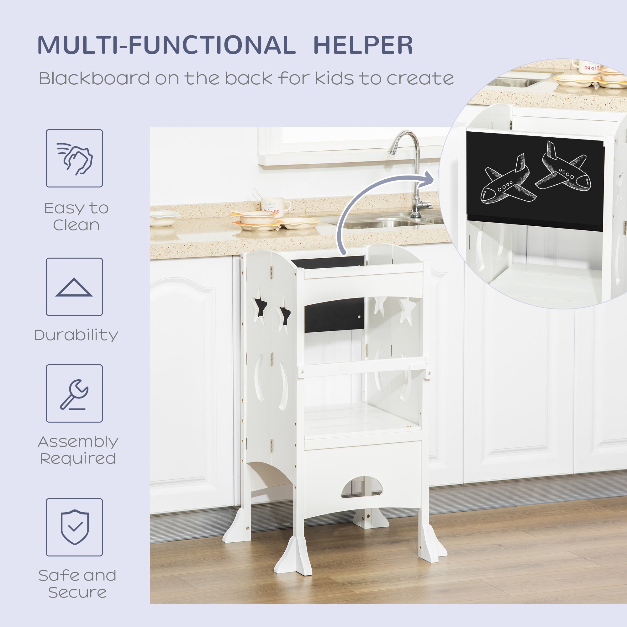 Qaba Foldable Step Stool for Kids - Adjustable Kitchen Helper Tower with Safety Rail - Perfect for Baking, Cooking & Learning Independence in the Kitchen