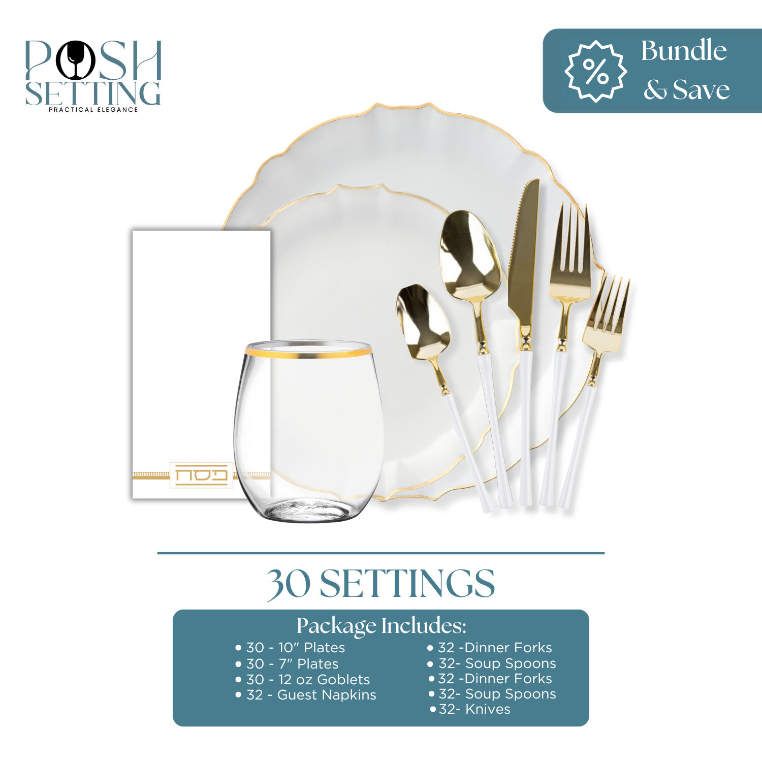 Luxury White & Gold Disposable Plastic Passover Seder Plate Set - Elegant Pesach Dinnerware for 30 Guests - Perfect for Jewish Holiday Celebrations & Festive Gatherings