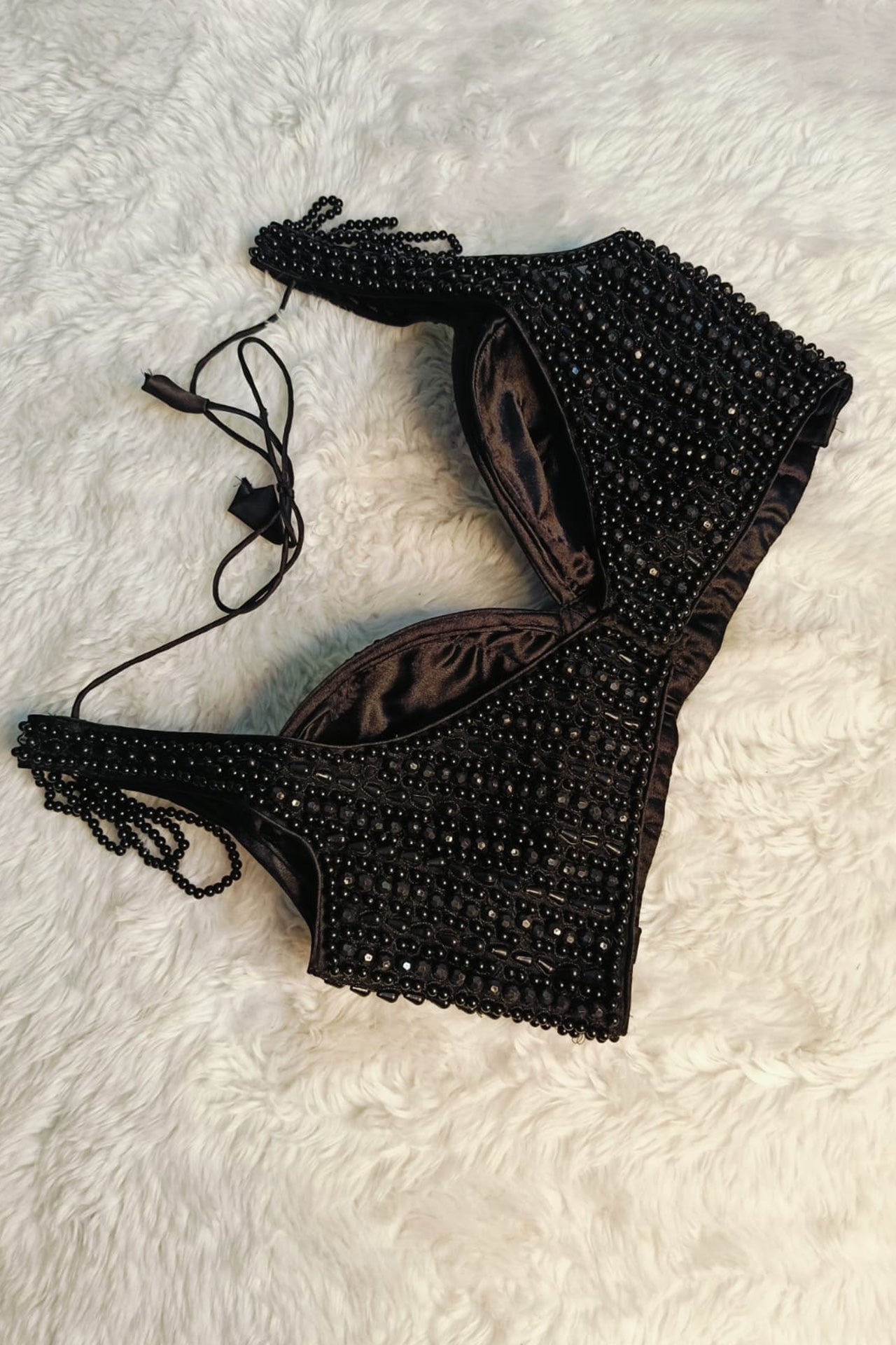 Handmade Black Beaded & Moti Satin Blouse - Ready to Wear (Design 1778) | Perfect for Weddings, Parties & Festive Occasions