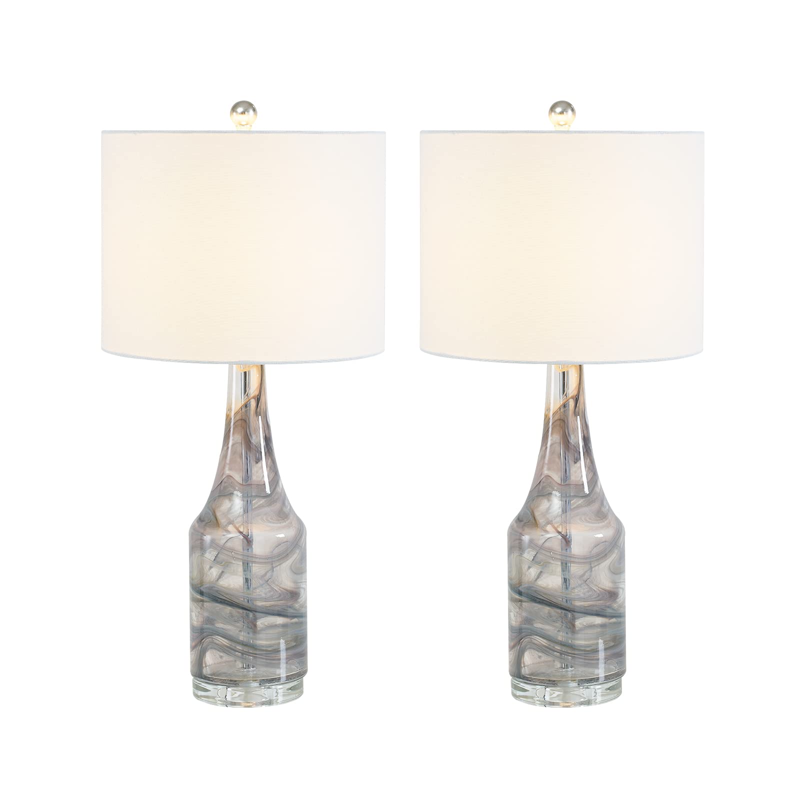Maxax 28.5'' Grey Glass Table Lamps Set of 2 - 3-Way Dimmable Nightstand Lamps with White Fabric Shade for Bedroom, Living Room & Office - Perfect for Reading, Relaxing and Creating Ambient Lighting