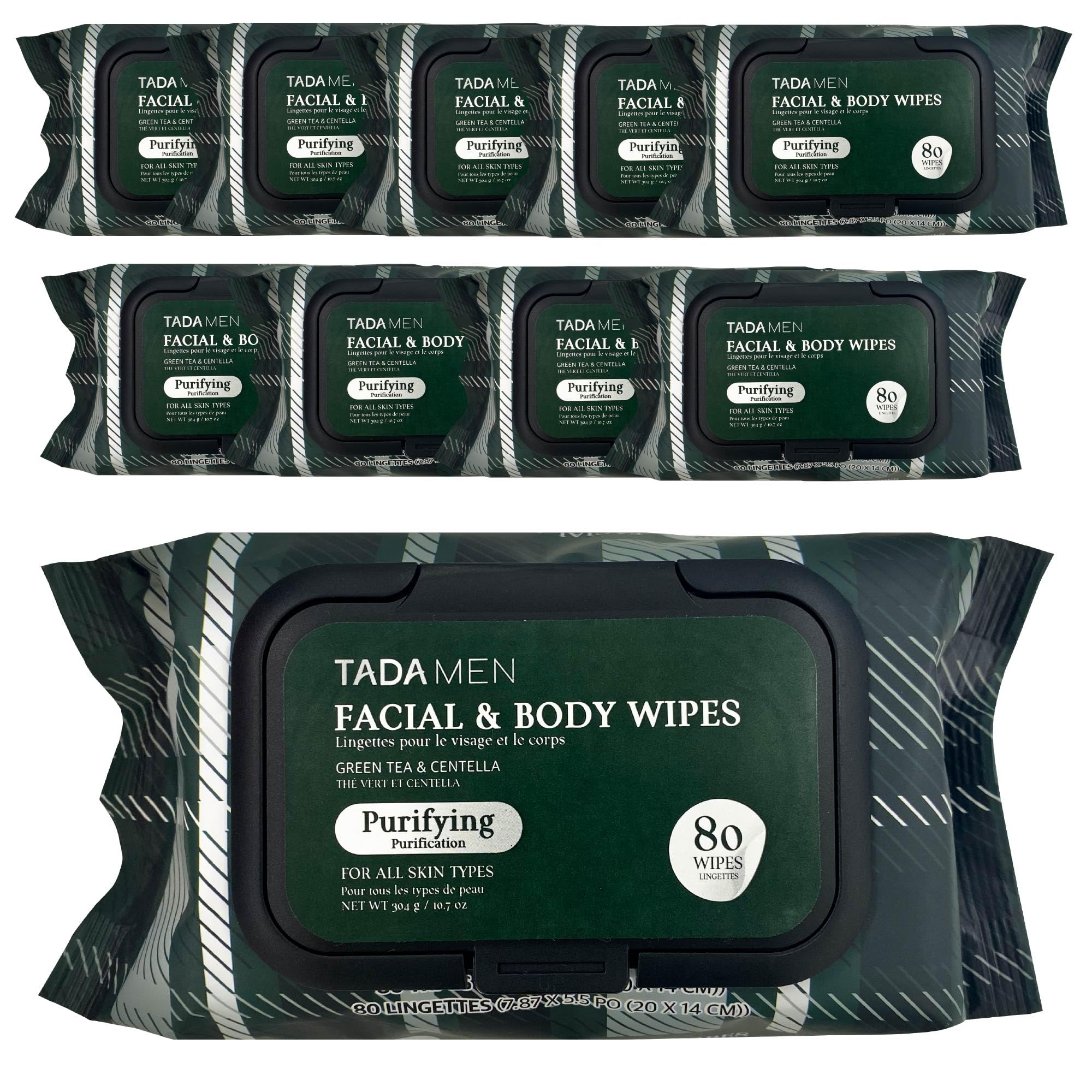 Men's No-Rinse Face & Body Wipes - Green Tea & Hyaluronic (10PK) for Gym, Running & Outdoor