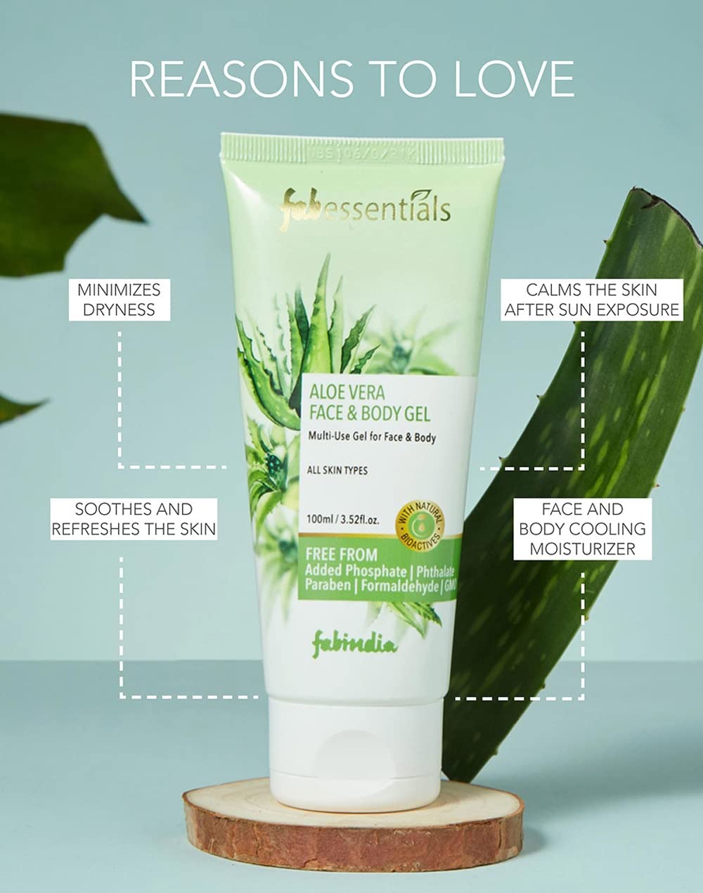 Fabessentials Aloe Vera Face & Body Gel with Neem & Castor Oil | Hydrating & Soothing Multi-Purpose Gel for Dry Skin & Sunburn Relief | 100gm | Perfect for Post-Sun Care, Daily Moisturizing & Skin Repair