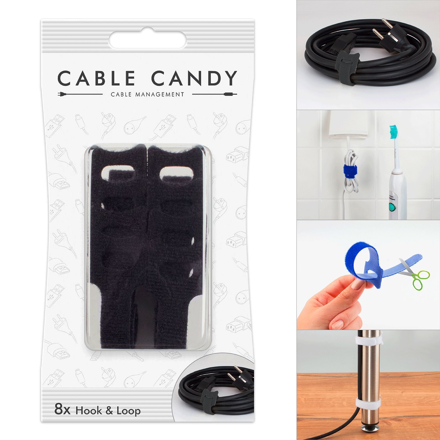 Cable Candy Hook & Loop Black - Premium Cord Management & Cable Organizer for Home, Office & Travel - Keep Wires Tidy & Organized