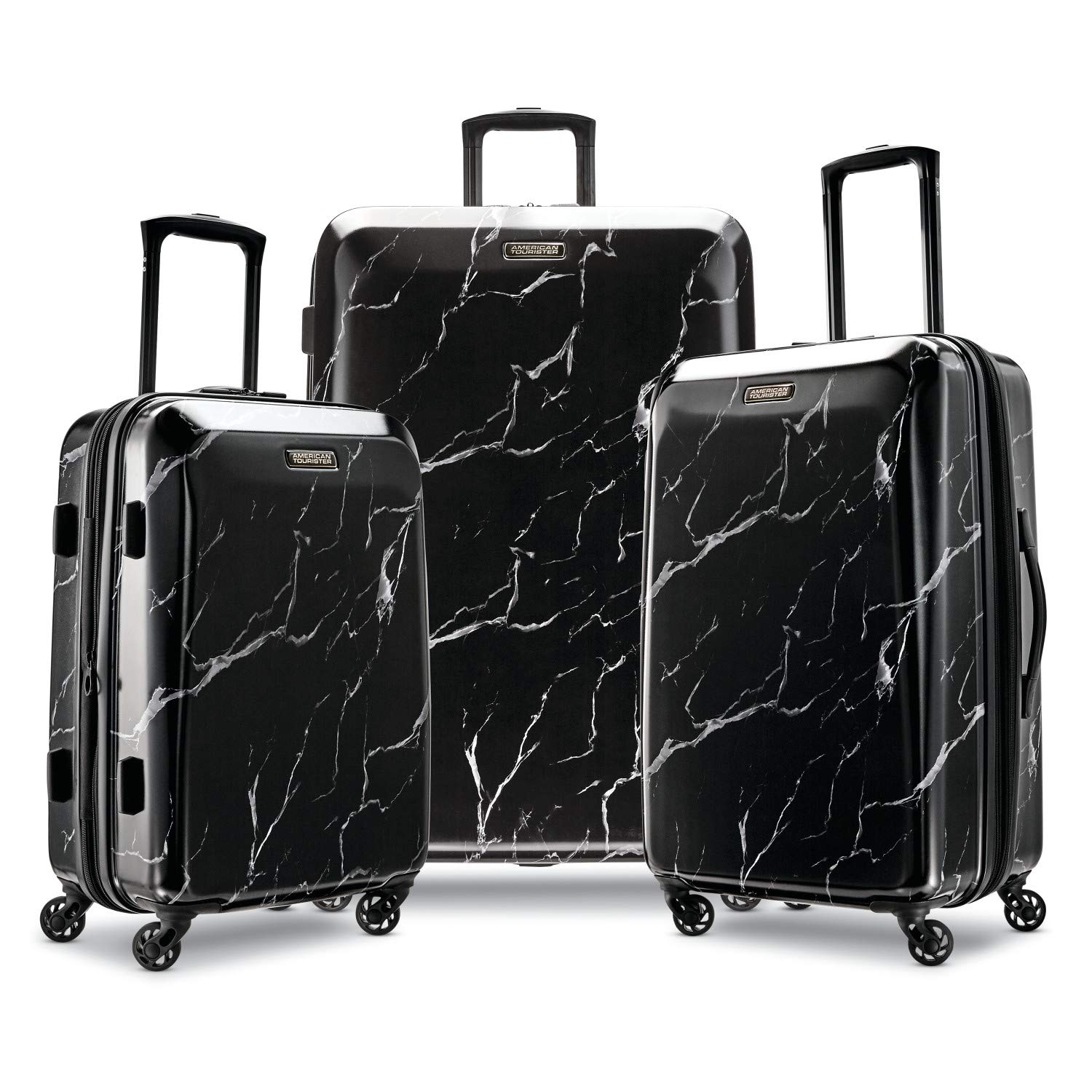 American Tourister Moonlight Expandable Hardside Luggage Set with 360° Spinner Wheels, 3-Piece (21/24/28 Inch) Black Marble - Perfect for Business Travel, Family Vacations & International Trips
