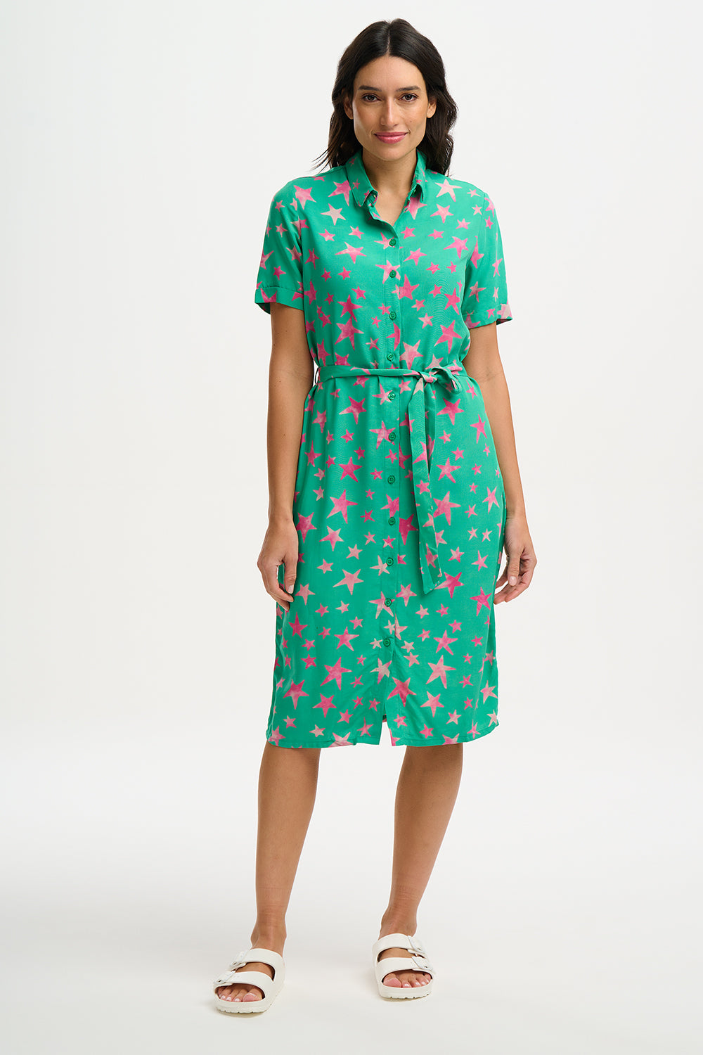 Janice Batik Midi Shirt Dress - Green Supernova Stars Print | Boho Chic Floral Summer Dress for Women | Perfect for Beach Vacations, Date Nights & Casual Outings