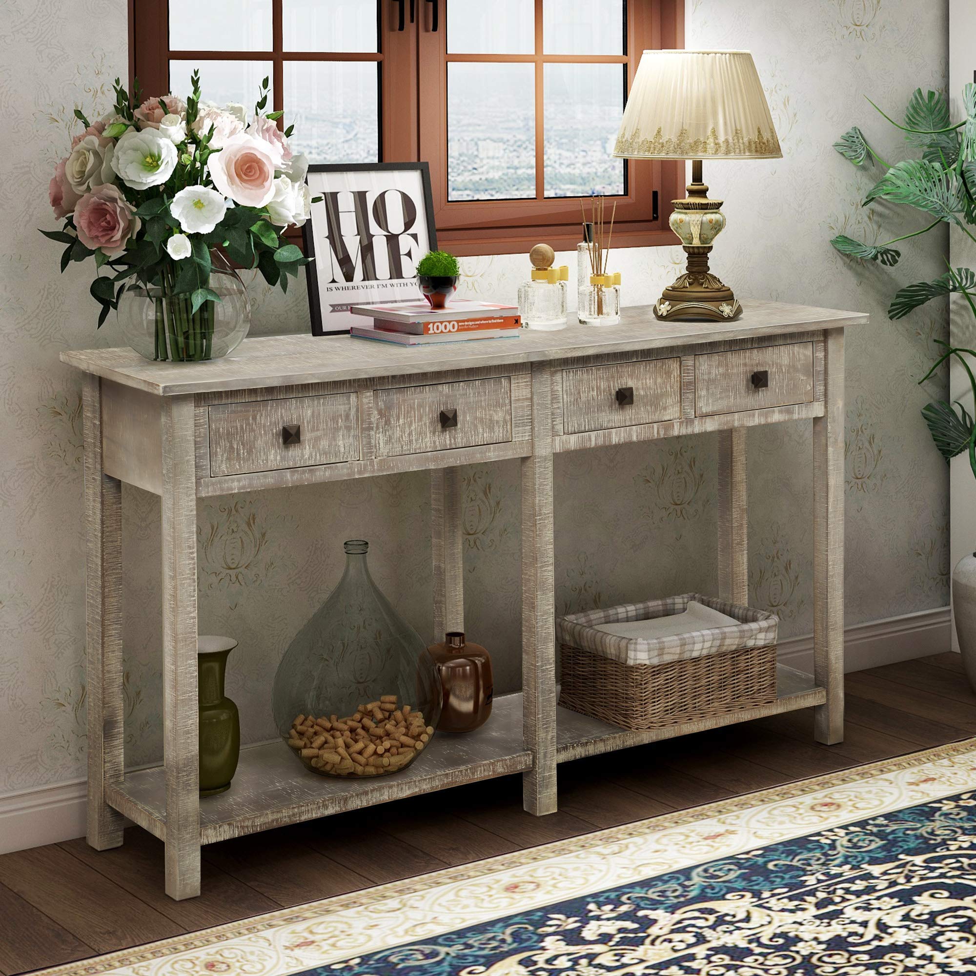 Rustic Brushed Texture Entryway Console Table with Drawers & Bottom Shelf - Grey Wash Distressed Wood Hallway Sofa Table for Living Room, Foyer & Entryway - Fast 3-7 Day Shipping USA