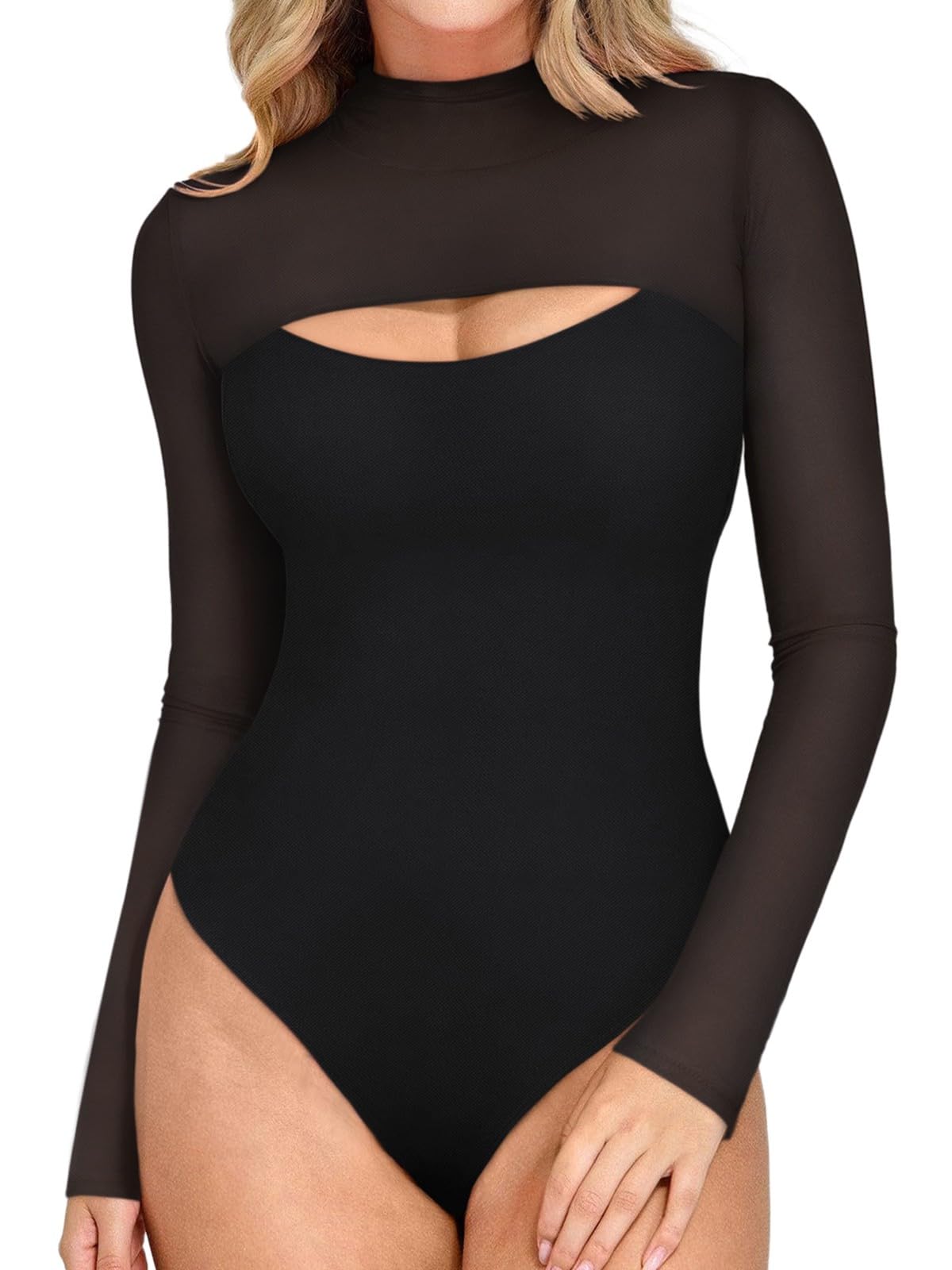 REORIA Women's Sexy Cutout Turtle Neck Long Sleeve Sheer Mesh Bodysuit - Trendy Fall Going Out Outfit for Club, Date Night & Party Wear