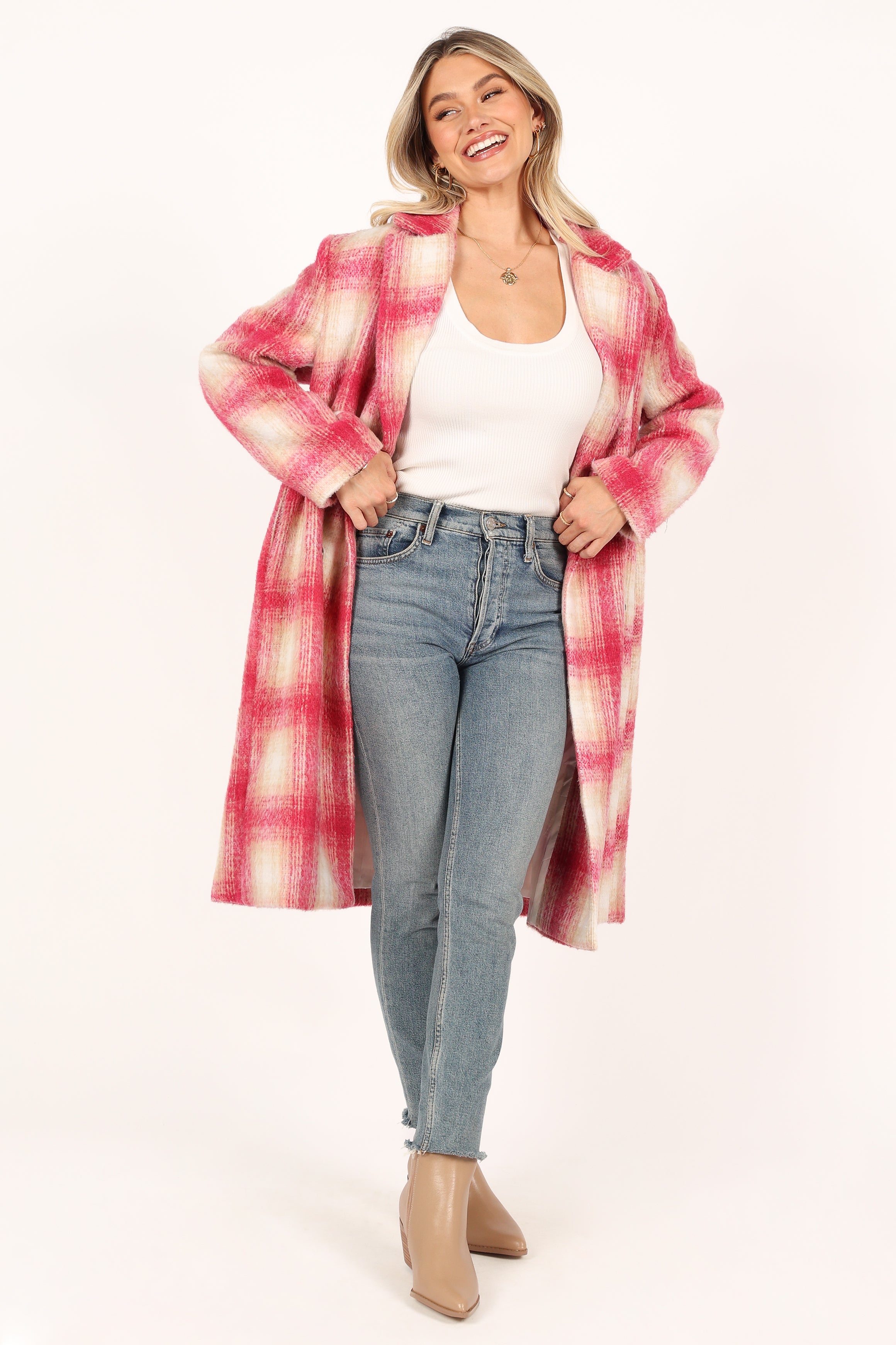 Gianna Button Front Plaid Long Coat for Women - Stylish Pink Winter Trench Coat, Warm & Fashionable Outerwear for Fall, Winter & Office Wear