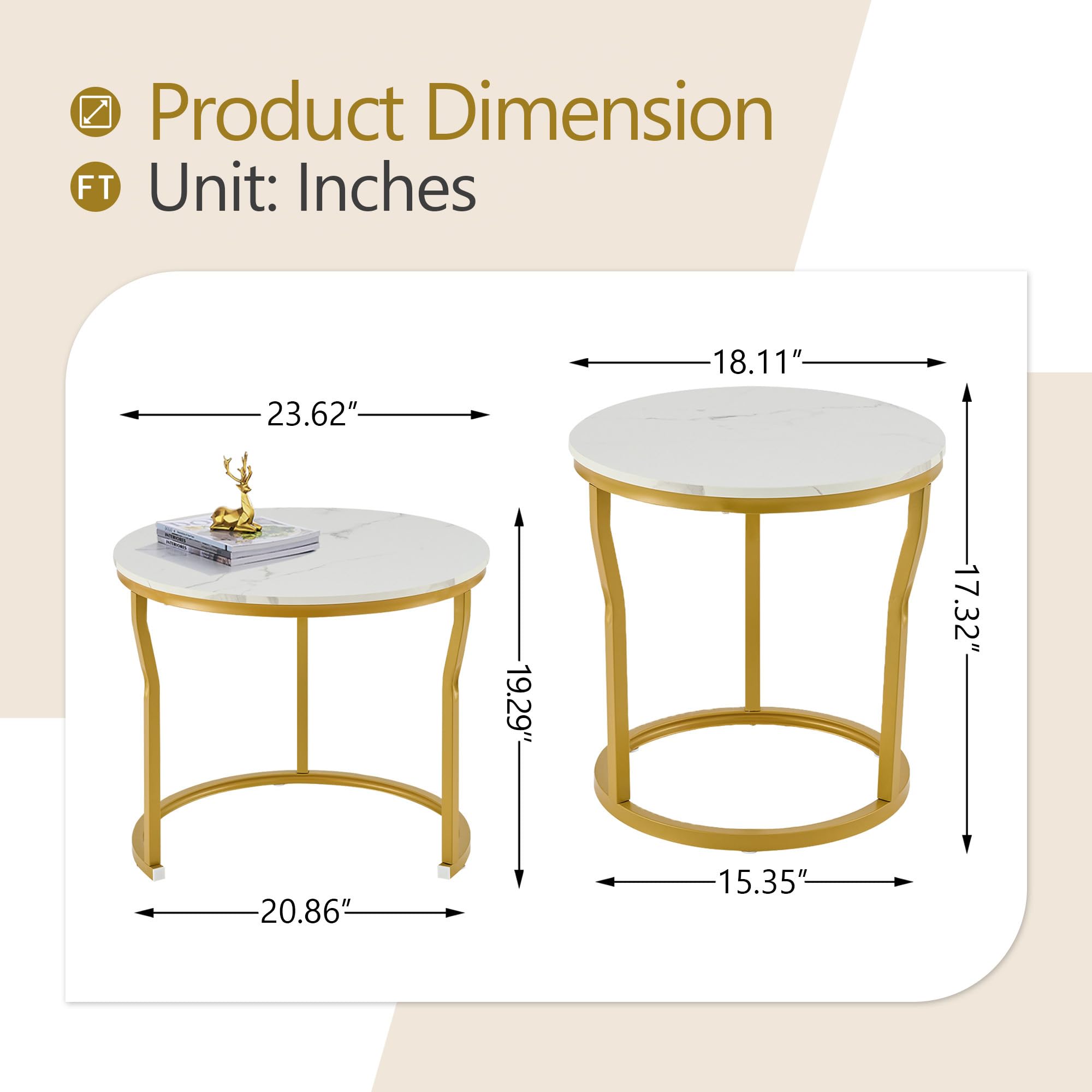 Hoctieon Round Nesting Coffee Tables Set of 2 - Wooden Table Top with Gold & White Finish - Modern Stacking End Tables for Living Room, Bedroom or Office - Perfect for Small Spaces and Stylish Home Decor