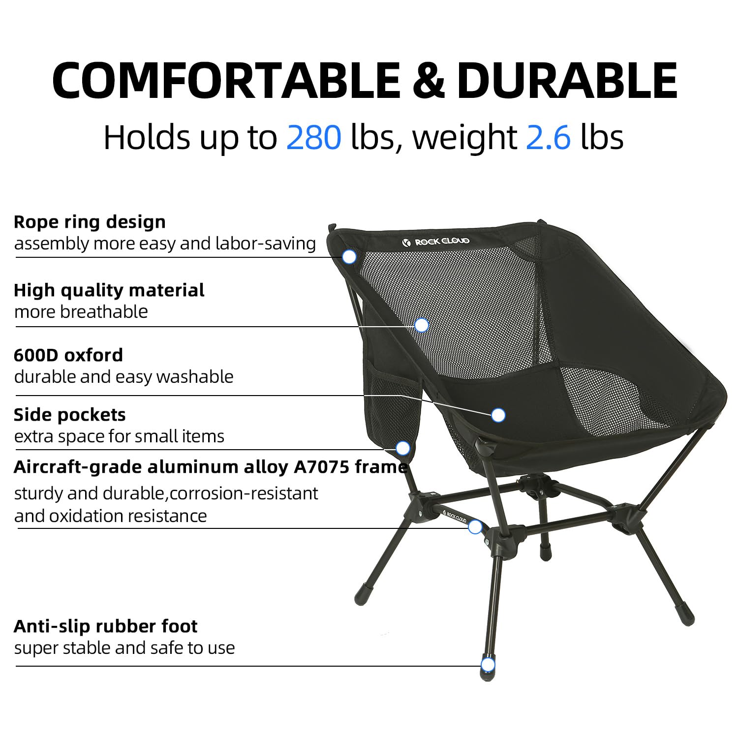 ROCK CLOUD Ultralight Portable Folding Camping Chair - Compact Outdoor Chair for Camping, Hiking, Backpacking, Beach, Lawn, Sports & Picnics (Black) - Perfect for Backyard BBQs, Tailgating & Outdoor Adventures