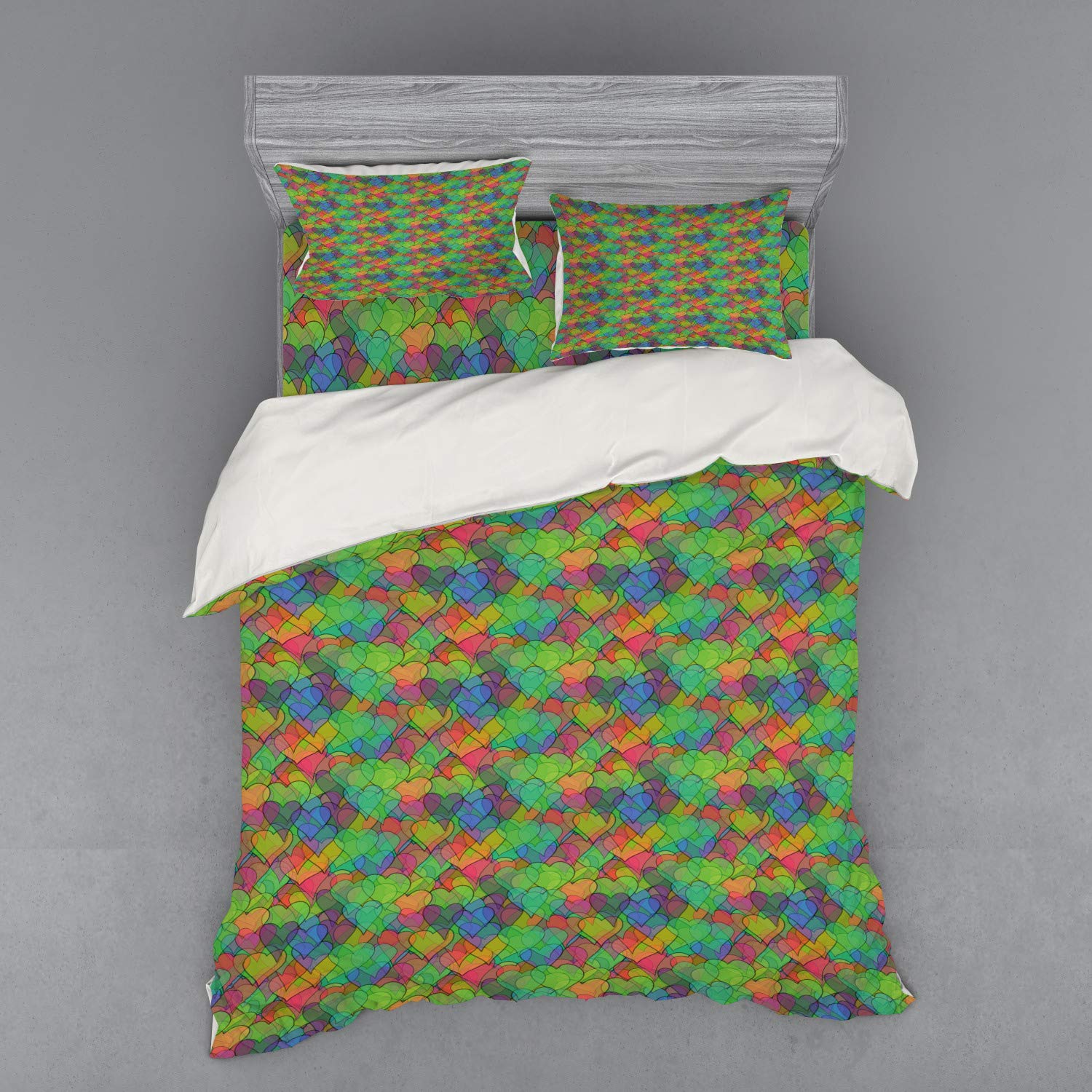 Ambesonne Psychedelic Heart Duvet Cover Set - 4 Piece Queen Size Bedding with Shams & Fitted Sheet, Vibrant Multicolor Valentine's Day Romantic Doodle Design for Teens & Couples - Perfect for Dorm Rooms, Master Bedrooms & Anniversary Gifts