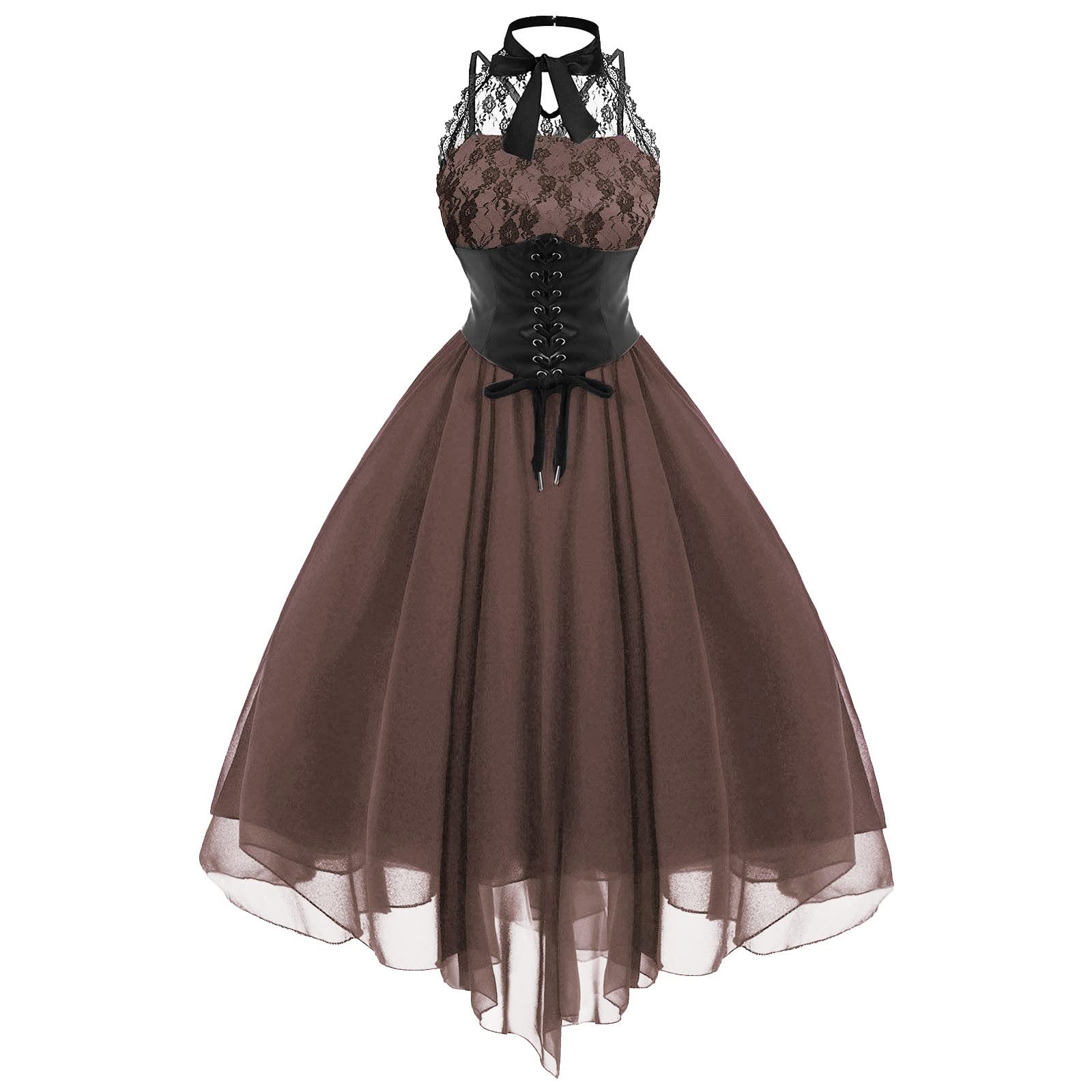 Gothic Lace Dress for Women - Punk Style Halter Sleeveless Vintage Corset Cocktail Dress | Perfect for Halloween, Cosplay, Gothic Parties & Formal Events