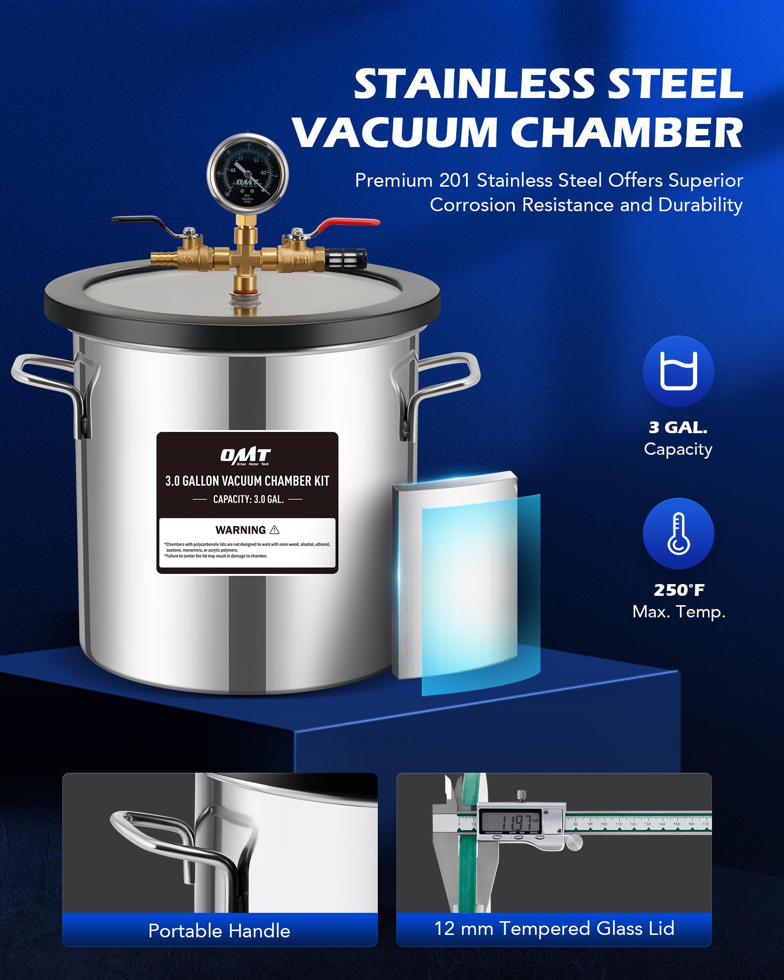 Orion Motor Tech 3 Gallon Vacuum Chamber Kit with 3.5 CFM Pump, Tempered Glass Lid & 5ft Hose - Perfect for Wood Stabilizing, Silicone Resin Degassing, Epoxy Casting & DIY Projects