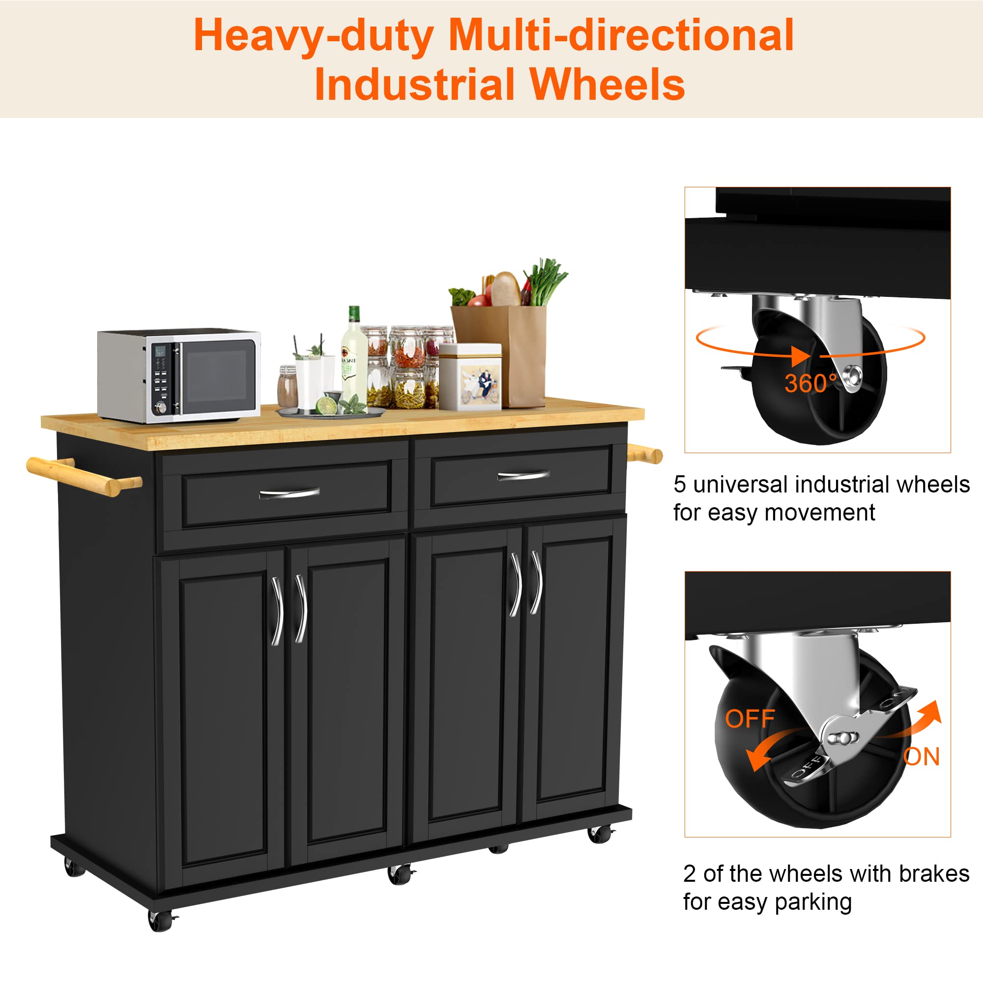 **Black Kitchen Island Cart with Storage Cabinet & Drawer - 48x18x36 Inches, Rubber Wood Top, Mobile Kitchen Island on Wheels with Towel Rack - Perfect for Small Kitchens, Dining Room Storage & Food Prep**