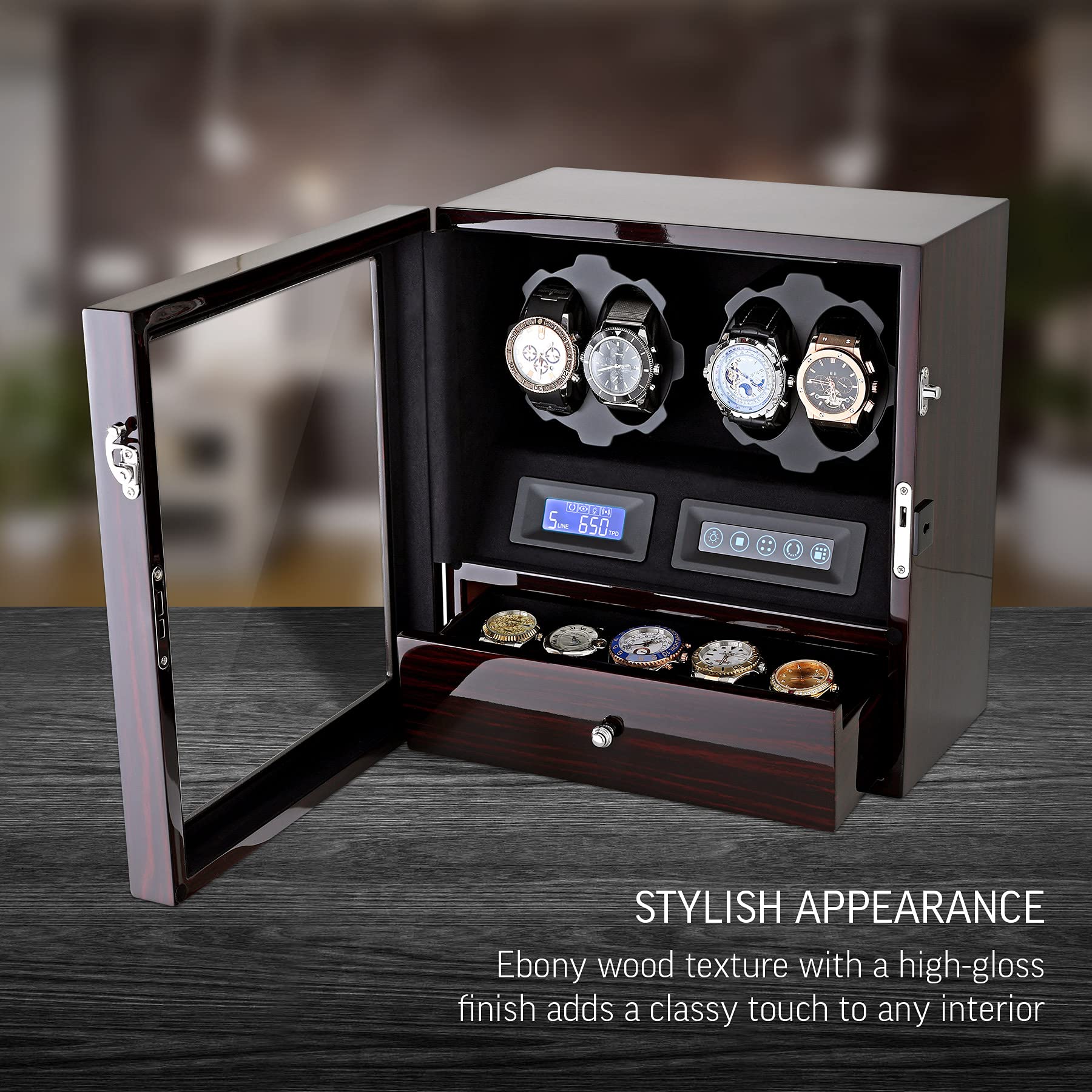4 Watch Winder Box with 5 Watch Storage - Automatic Winder with LCD Display, Touch Control & LED Interior Light - Perfect for Watch Collectors & Luxury Watch Storage