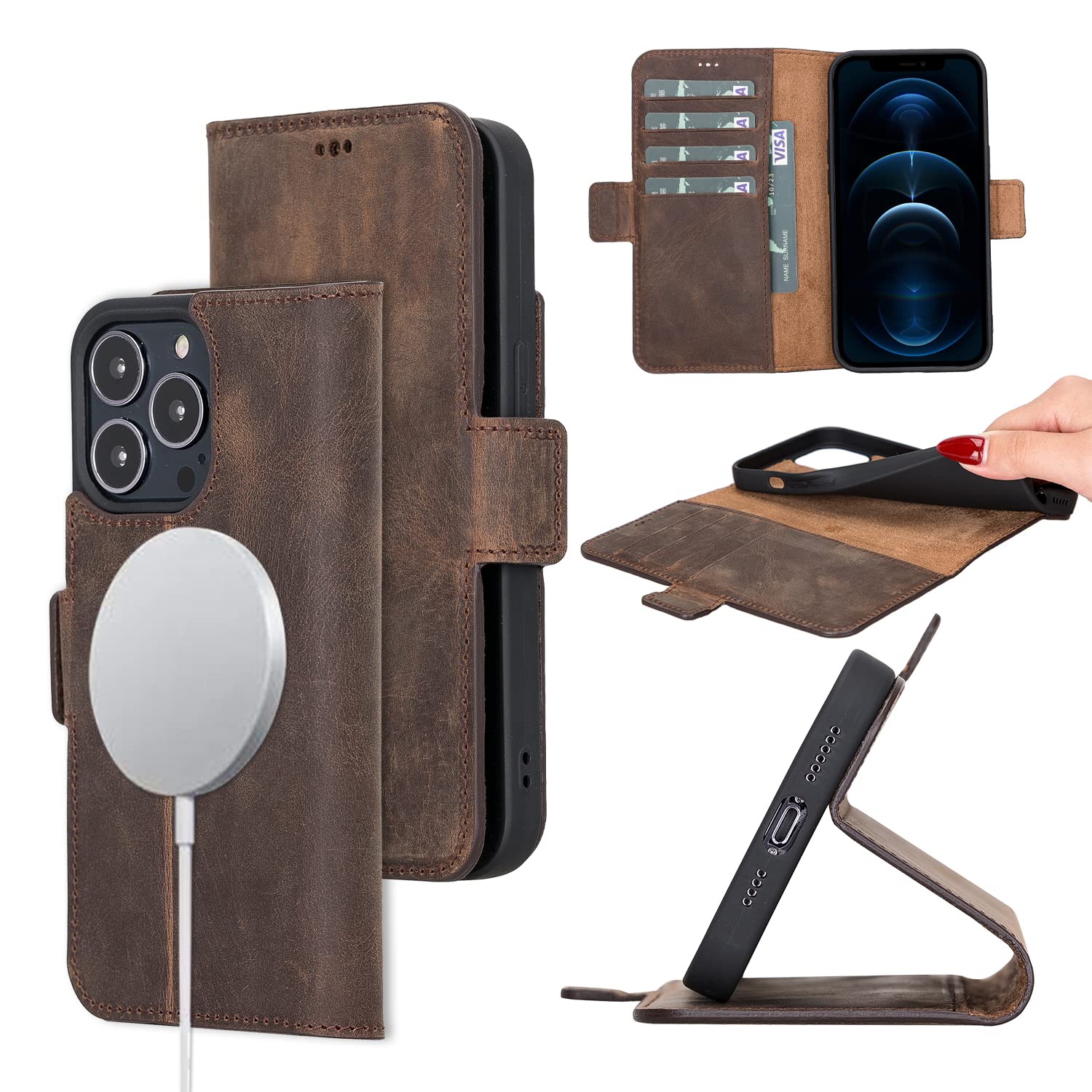 Bayelon Premium Full Grain Leather Wallet Case for iPhone 13 Pro Max - Magnetic Folio Flip Cover with Card Slots & Kickstand, MagSafe Compatible (Dark Brown) | Perfect for Business, Travel & Everyday Protection