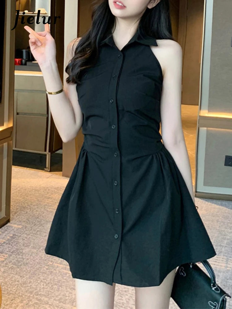 Black Halter Polo Neck Women's Shirt Dress - Slim Waist Sleeveless Solid Color Single Breasted Office Dress for Women | Perfect for Business Casual, Workwear & Summer Outfits