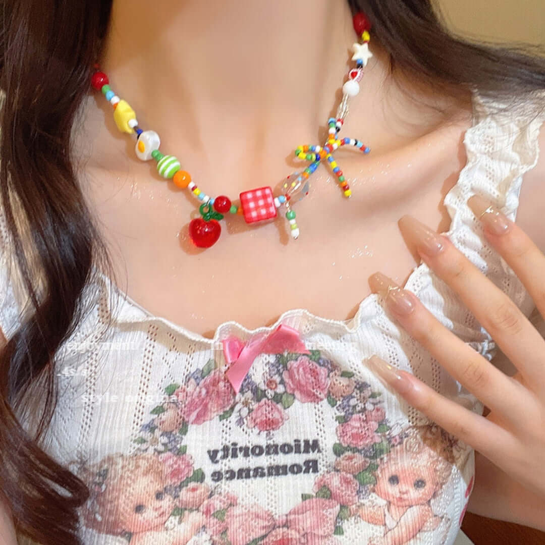 Vibrant 90s Y2K Carnival Mushroom Beaded Choker Necklace | BZ195 | Perfect for Rave, Festival, and Retro Outfits
