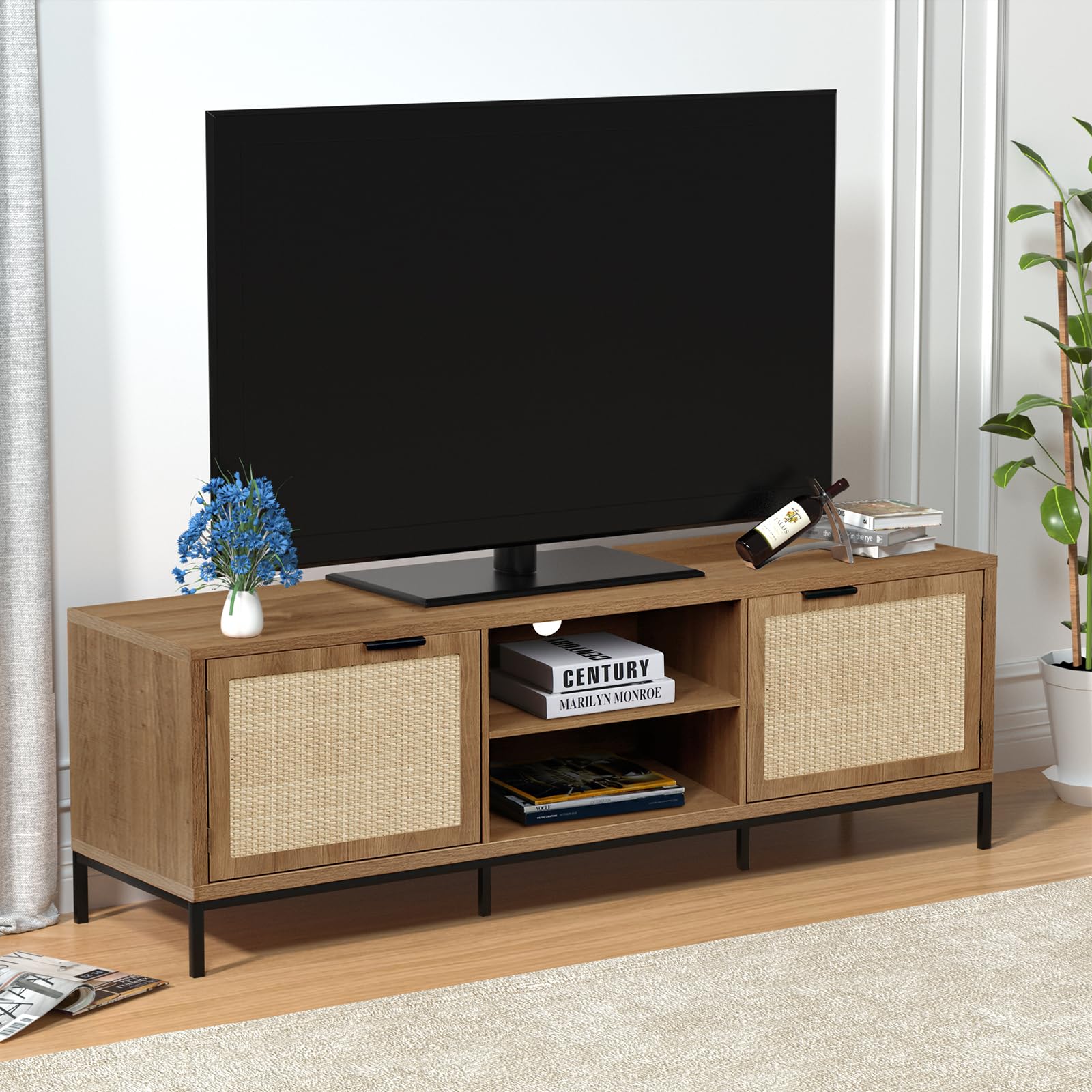 Anmytek Farmhouse Rattan TV Stand for 65 Inch TV - Rustic TV Console Table with 2 Rattan Doors - Modern Entertainment Center for Living Room & Bedroom - Perfect for Farmhouse Decor & Cozy Home Theater Setup (H0033)
