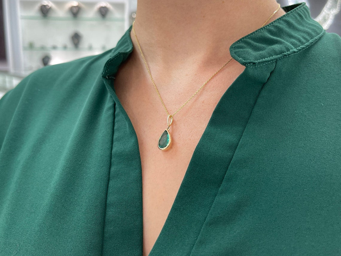 2.67tcw 14K Gold Blue Green Emerald Pear Cut Pendant with Diamond Accents - Elegant Birthstone Jewelry for Women, Perfect Gift for Anniversary, Birthday & Special Occasions