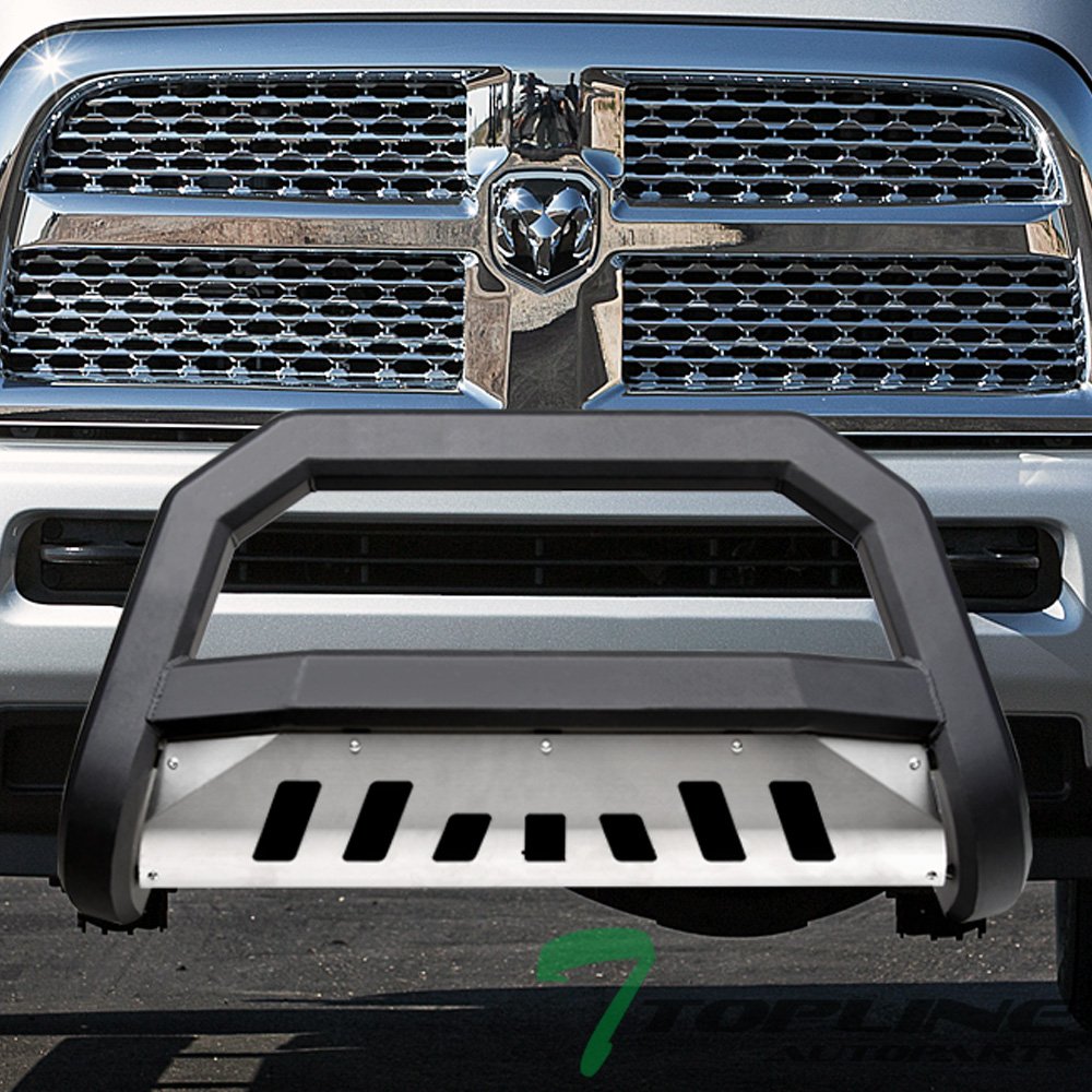 Matte Black AVT Style Bull Bar Front Bumper Grille Guard with Aluminum Skid Plate for 2010-2018 Dodge Ram 2500/3500 - Heavy Duty Off-Road Protection & Truck Accessory Upgrade