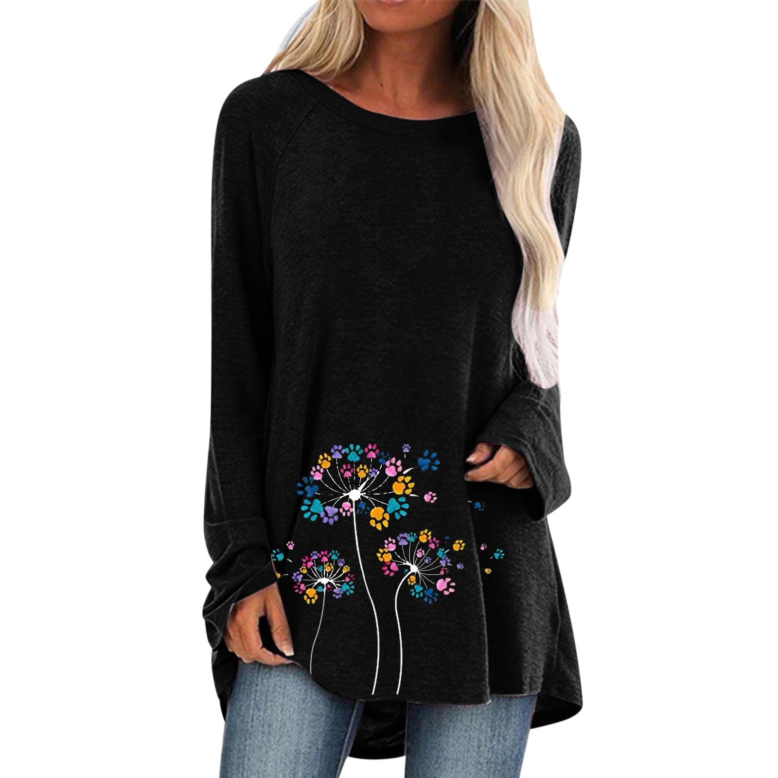 Fankle Women's Plus Size Short Sleeve Flowy Tunic Top with Dandelion Print - Comfortable Blouse to Wear with Leggings for Casual Outings, Work & Everyday Wear