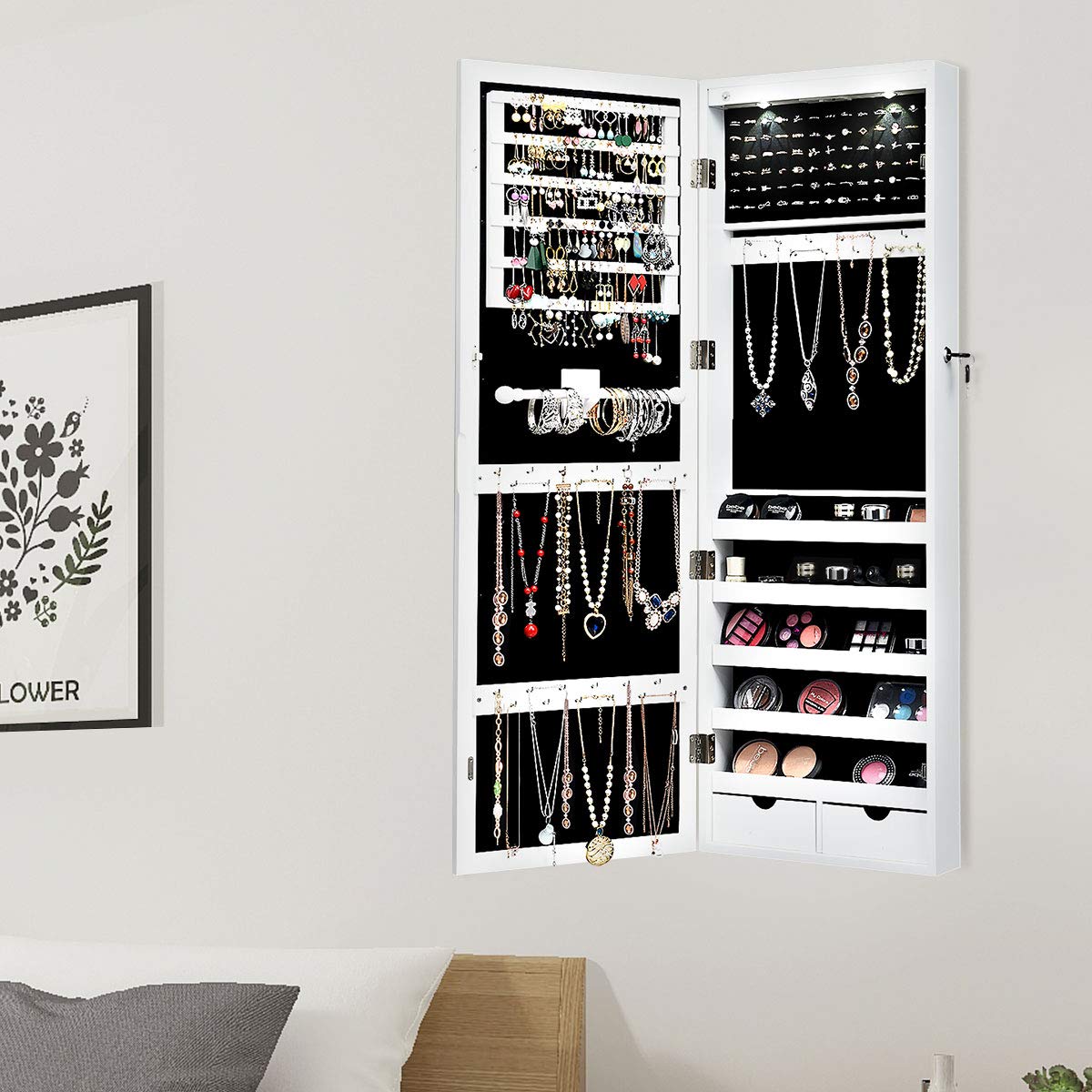 Wall Mounted Jewelry Armoire with LED Lights & Full-Length Mirror - Lockable Jewelry Cabinet Organizer with Drawers for Necklaces, Rings & Makeup Storage - Perfect for Bedroom Closet, Dressing Room & Vanity (White)