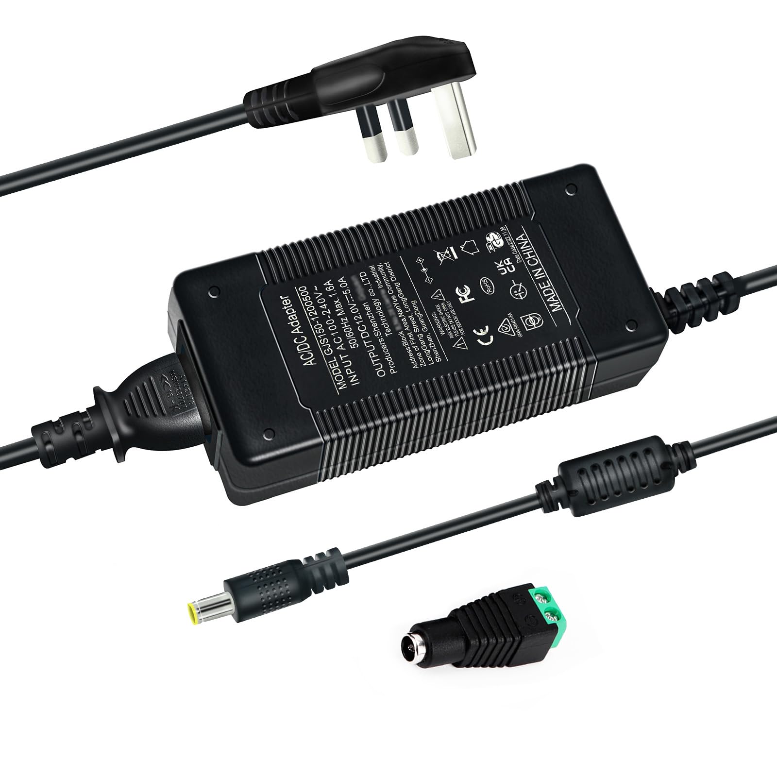 12V 5A 60W Power Supply Adapter, AC 100-240V to DC 12V 5A Converter with 5.5mm x 2.1mm Jack - for CCTV Security Cameras, DVR Systems, LED Strip Lights - UK 3-Pin Plug (Ideal for Home & Office Security Setup)