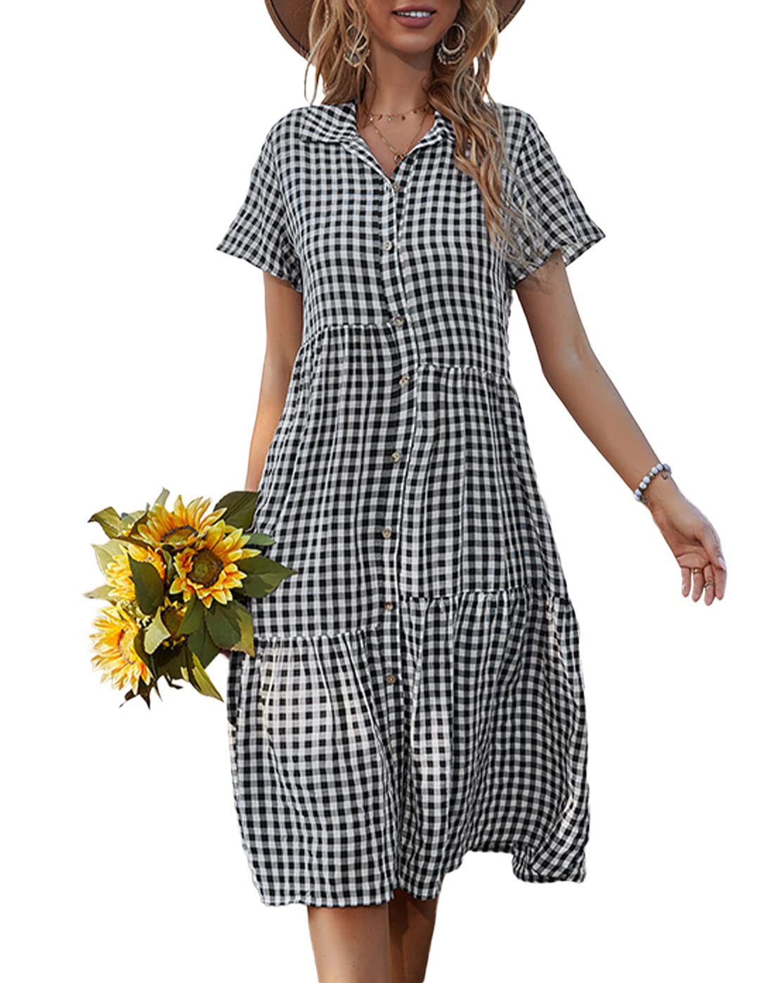 Bonnorth Women's Plaid Short Sleeve Collar Midi Dress - Button Down Pleated Flowy Summer Dress for Casual Outings, Office Wear & Date Night