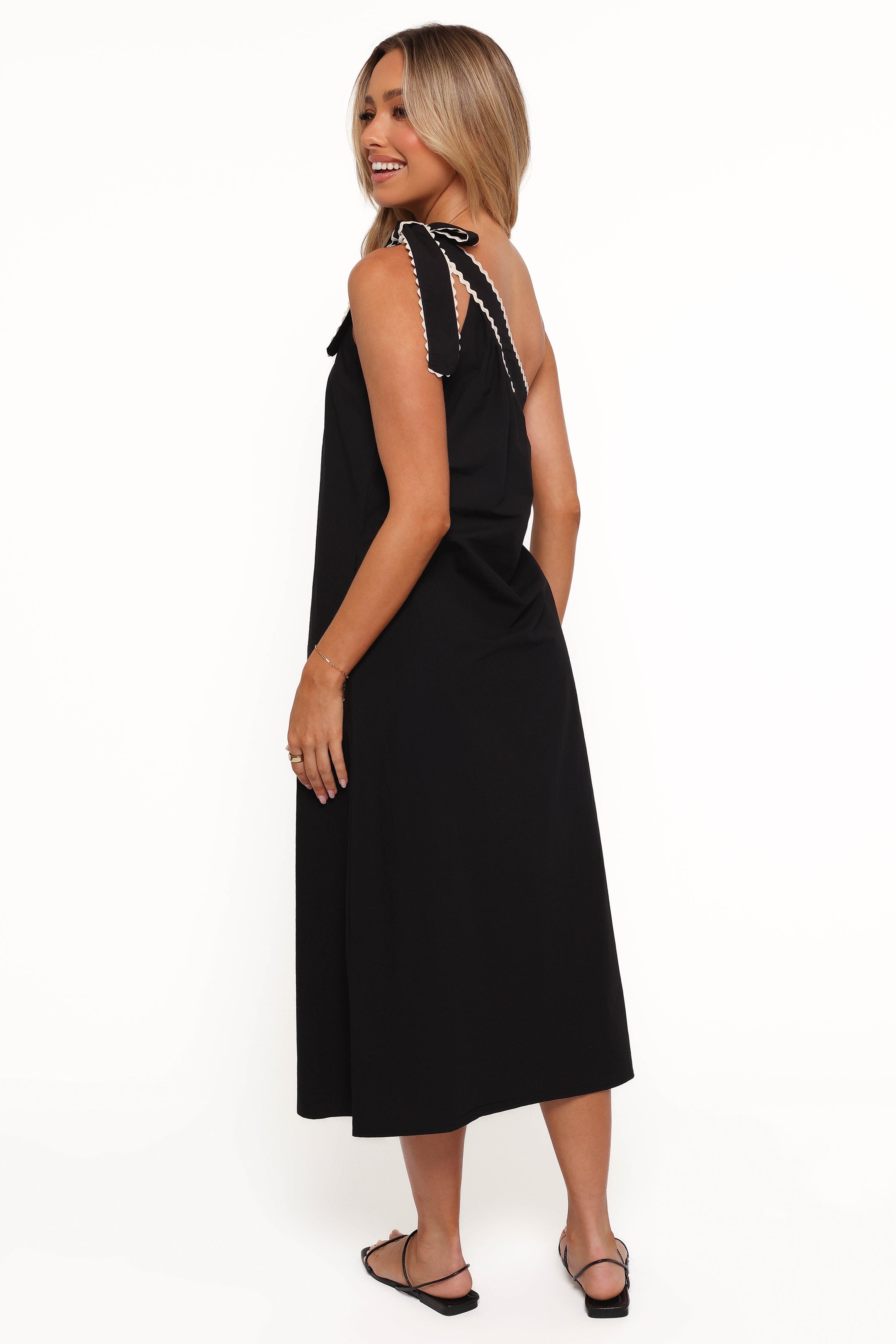 Brynlee One Shoulder Midi Dress - Elegant Black & Cream Formal Evening Gown for Women | Perfect for Cocktail Parties, Weddings & Special Occasions