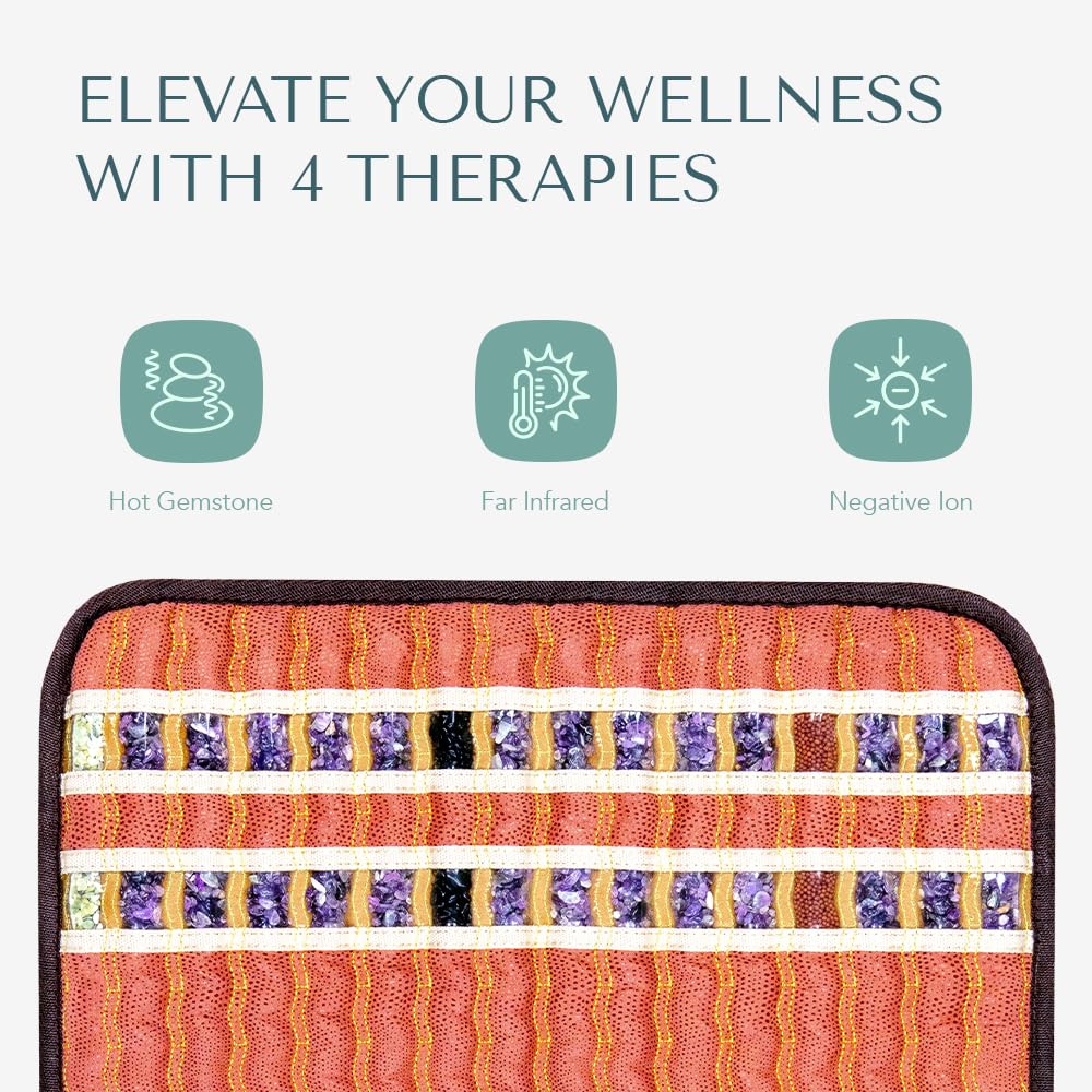 HealthyLine Small Far Infrared Electric Heating Pad for Pain Relief - Tourmaline, Amethyst & Obsidian Gemstone Therapy with Negative Ions - Auto Shut Off - 18
