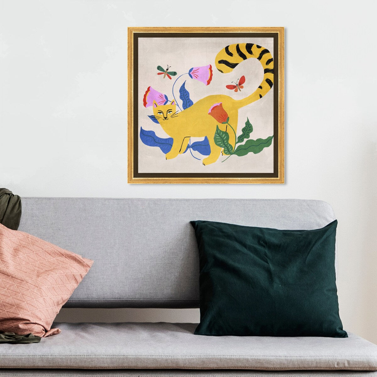 Blonde Tabby Floral Kitten Butterfly Garden Modern Yellow Framed Canvas Wall Art Print - Home Decor for Bedroom, Living Room & Nursery